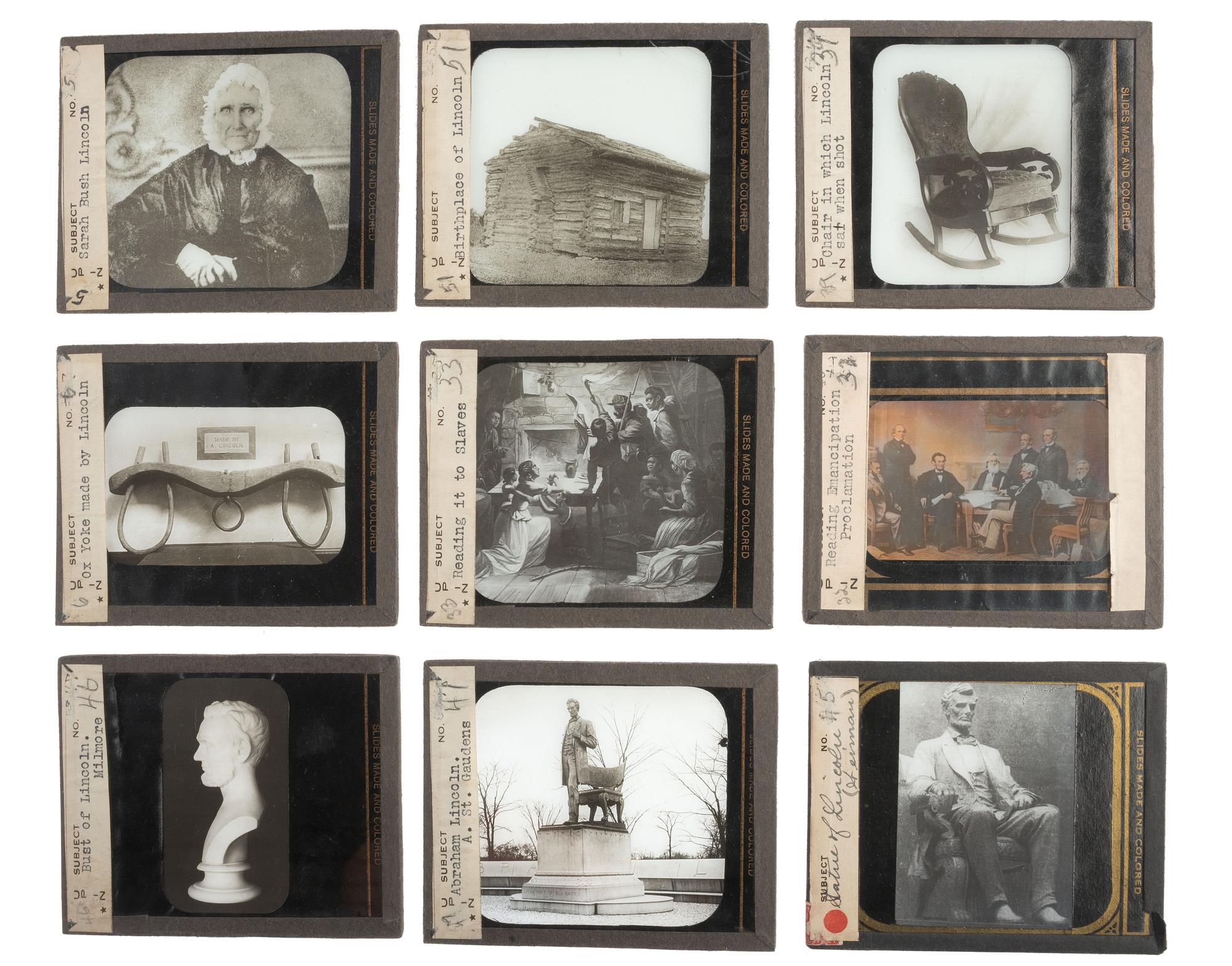 [LINCOLNIANA - MAGIC LANTERN SLIDES]. A collection of 65 assorted glass slides depicting important subjects and scenes depicting the life, death, and legacy of Abraham Lincoln, including:
