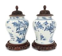 A Pair of Chinese Blue and White Porcelain Ginger Jars with Pierced Wood Lids and Stands