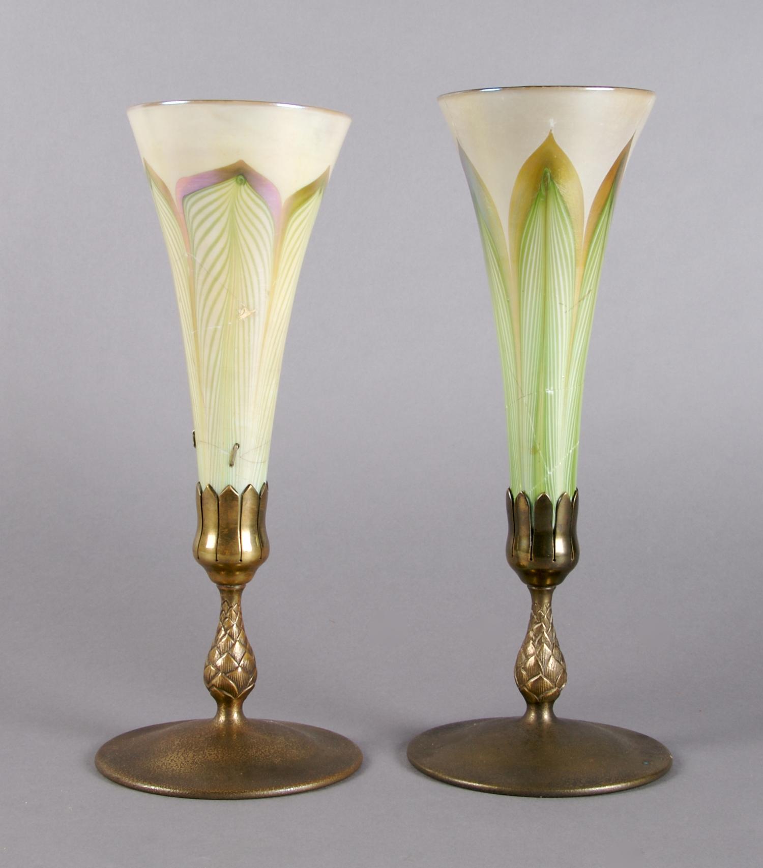 A Pair of Tiffany Studios Favrile Glass and Bronze Vases, Height 12 1/4 inches.