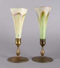 A Pair of Tiffany Studios Favrile Glass and Bronze Vases, Height 12 1/4 inches.