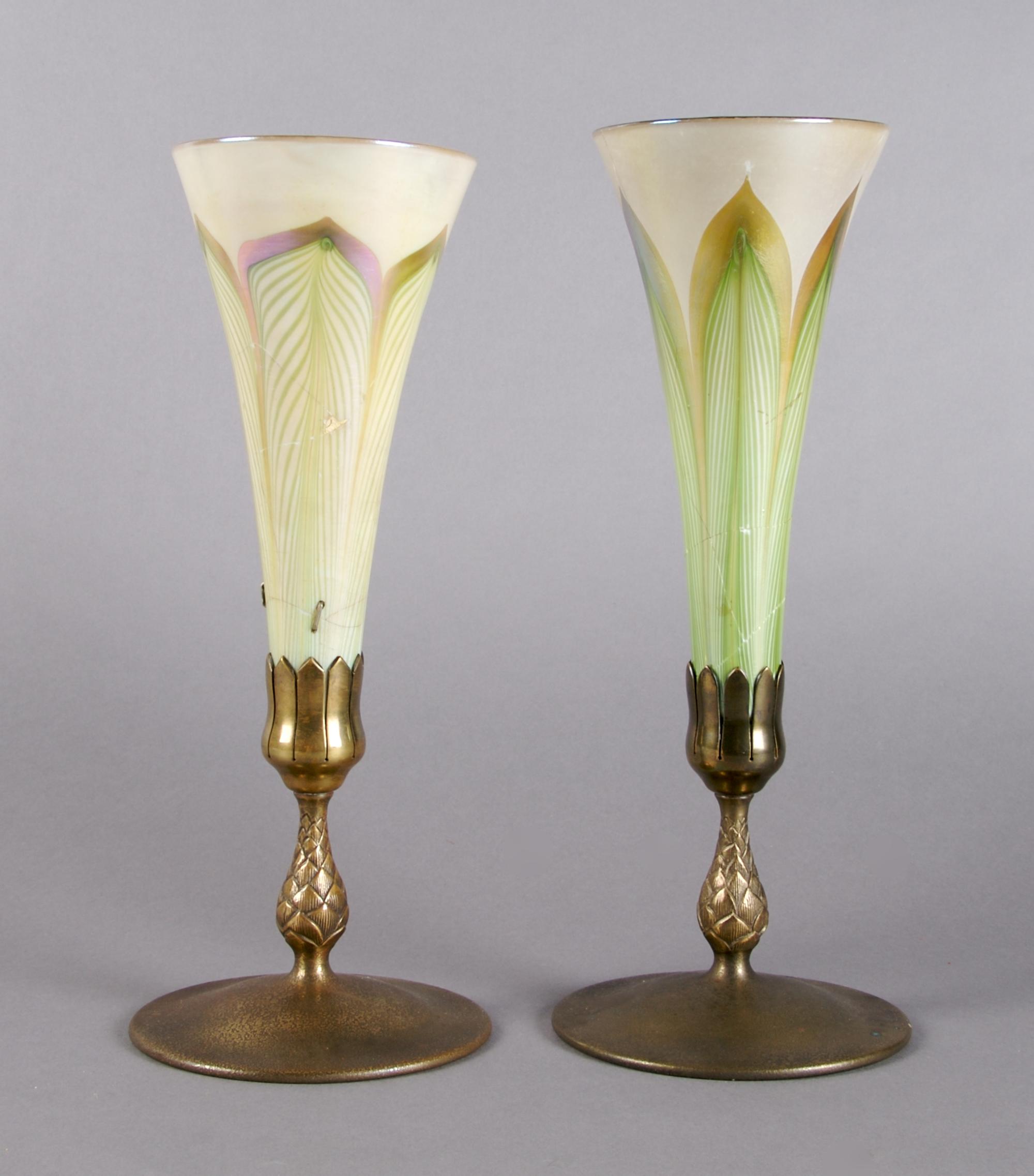 A Pair of Tiffany Studios Favrile Glass and Bronze Vases, Height 12 1/4 inches.