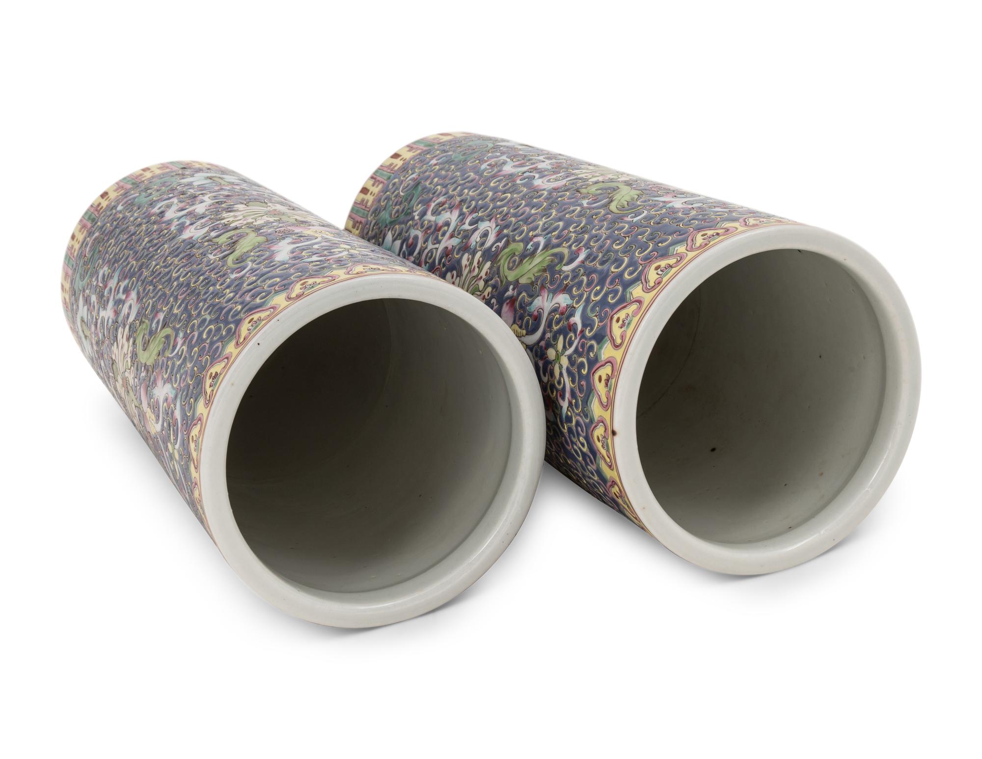 A Pair of Chinese Blue Ground Famille Rose Porcelain Hat Holders