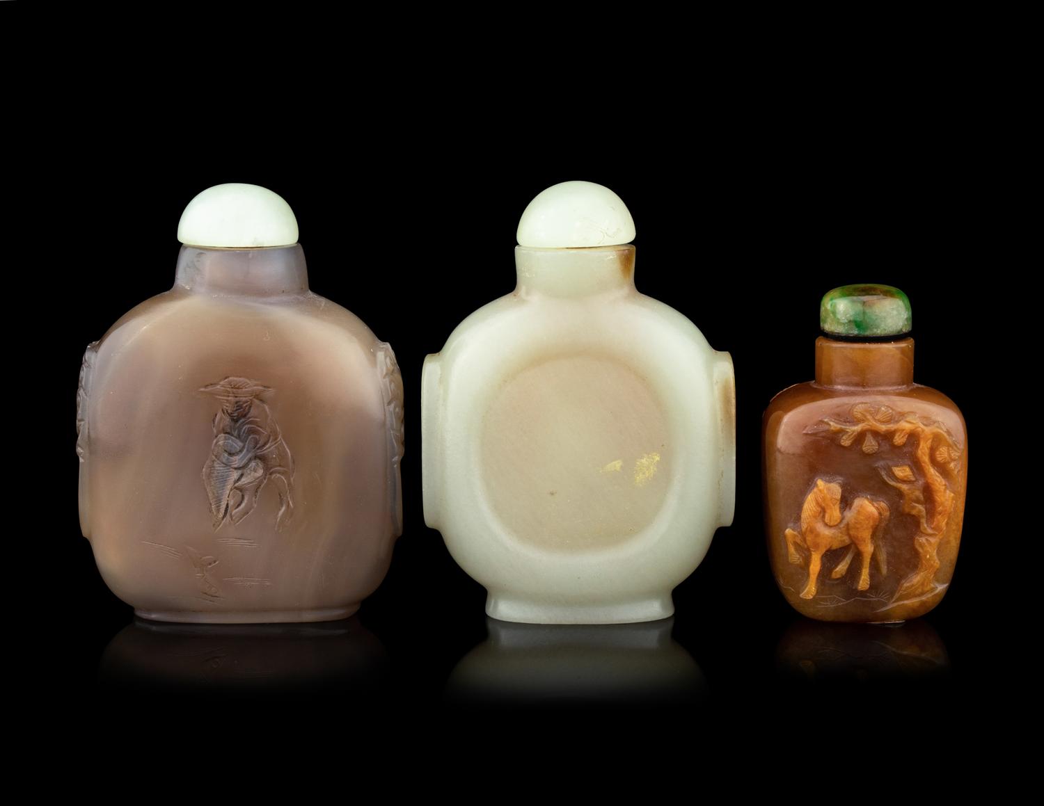 Three Chinese Jade and Agate Snuff Bottles