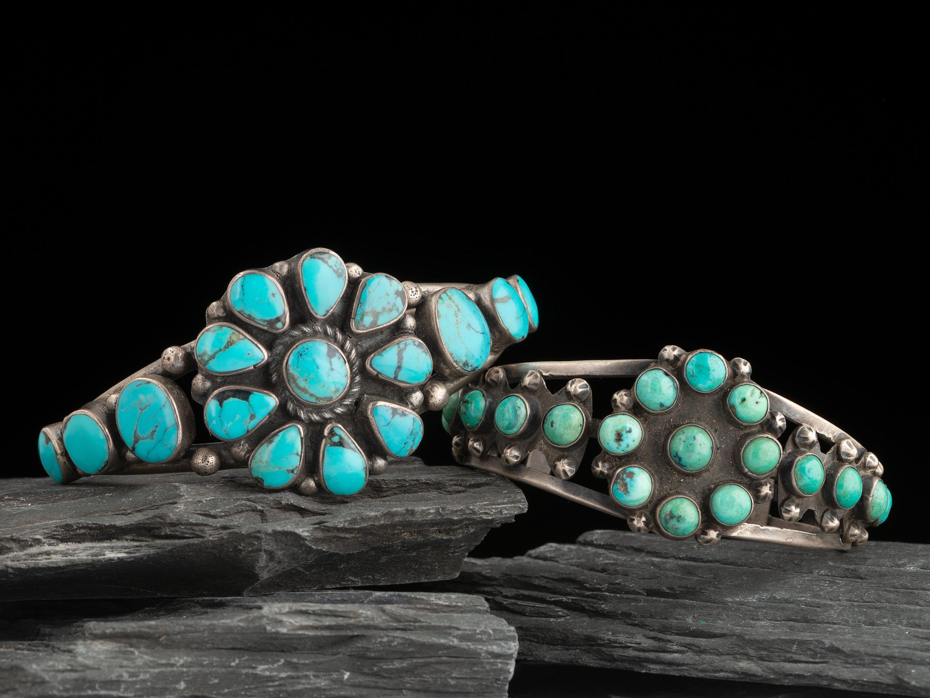 Navajo Silver and Turquoise Cluster Cuff Bracelets