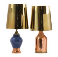 A Large Hammered Copper Bottle and a Blue Glazed Earthenware Jar Height of first 25 1/2 inches. — 20TH CENTURY