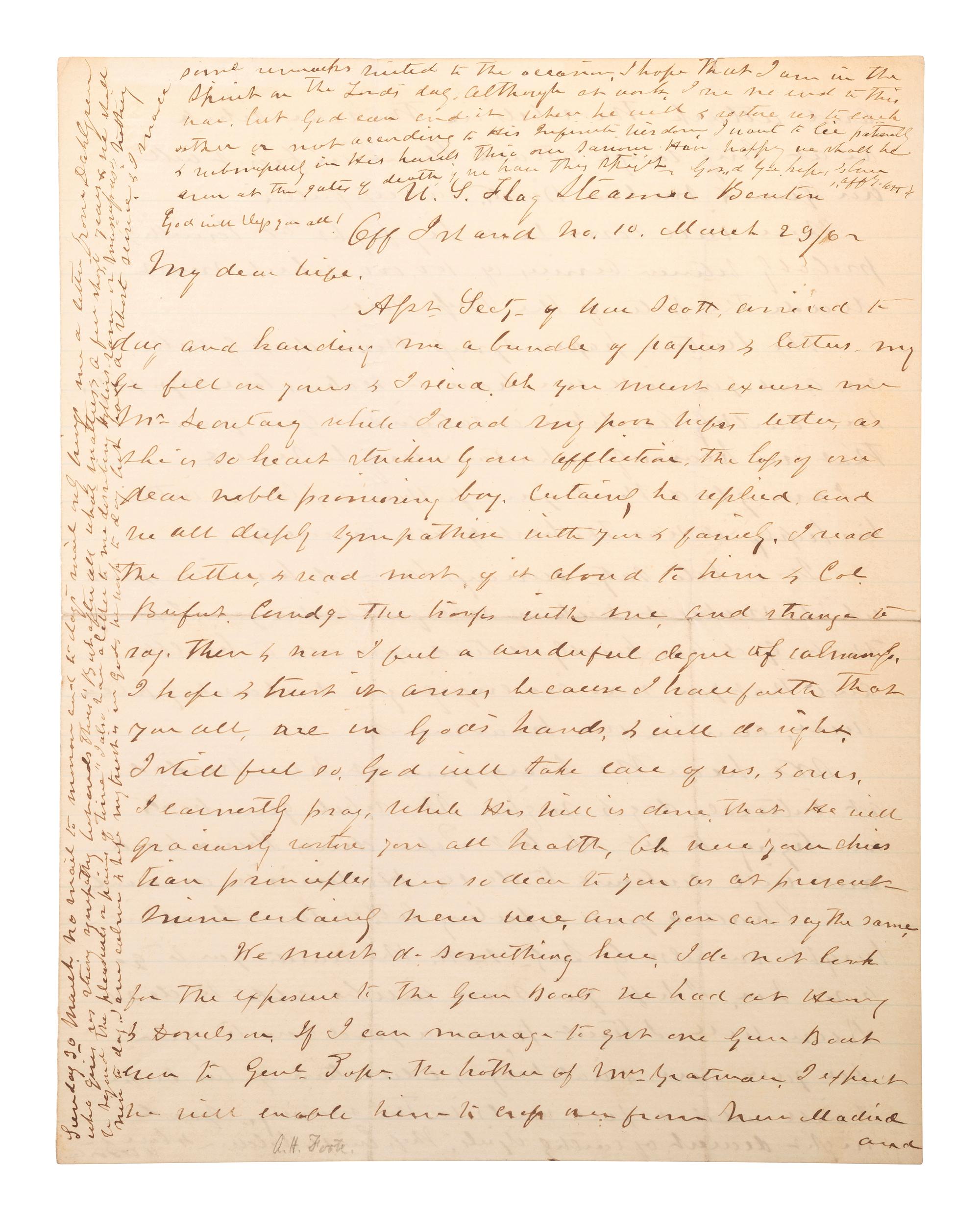 [CIVIL WAR - NAVY]. FOOTE, Andrew H. (1806-1863). Autograph letter signed (“AHF”), as Flag Officer, to his wife. US Flag Steamer Benton , "Off Island No. 10," 29 March 1862.