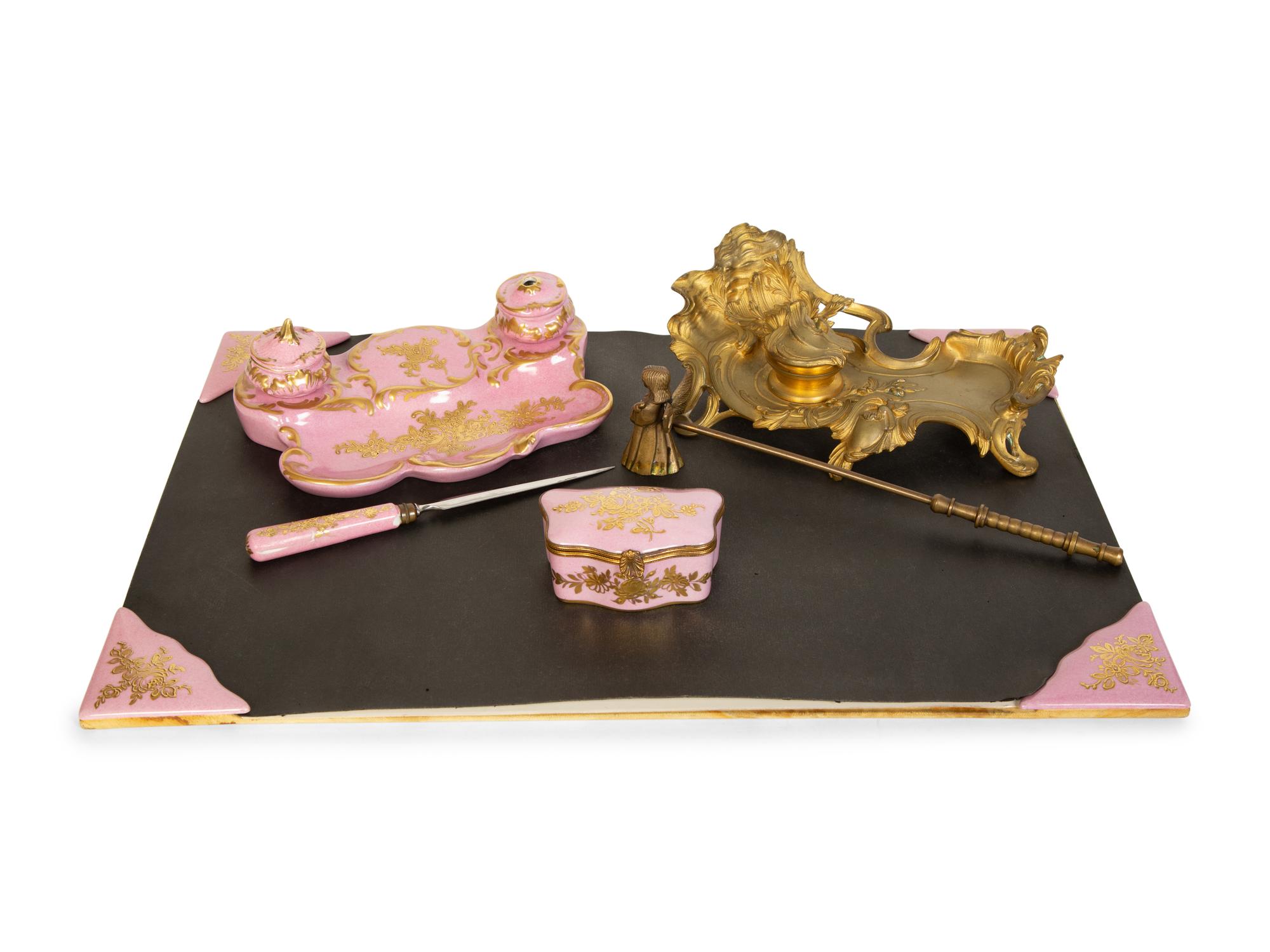 A Louis XV Style Gilt Bronze Inkwell and a Sèvres Style Porcelain Standish
