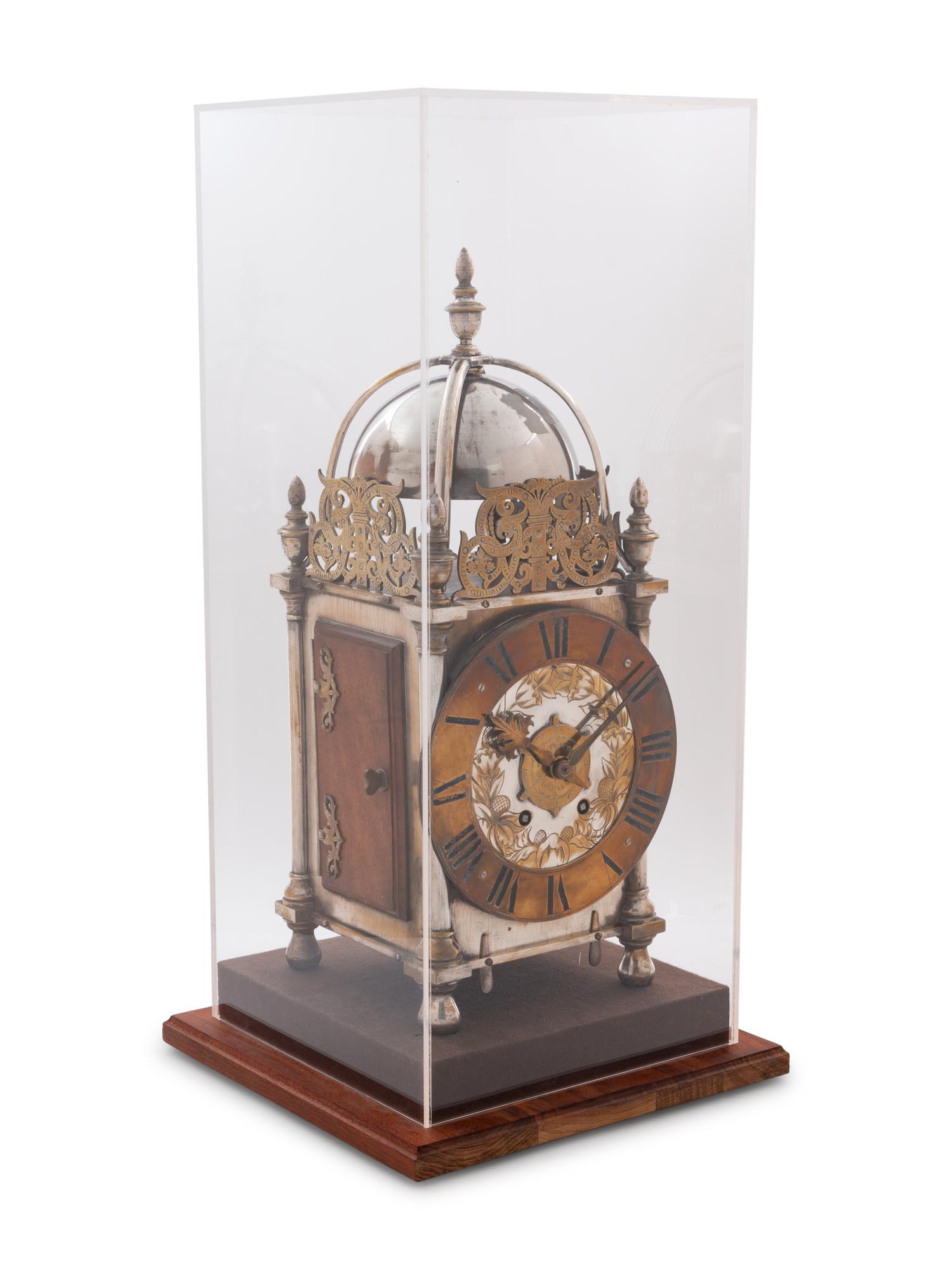 A French Wood and Silver-Plated Brass Lantern Clock