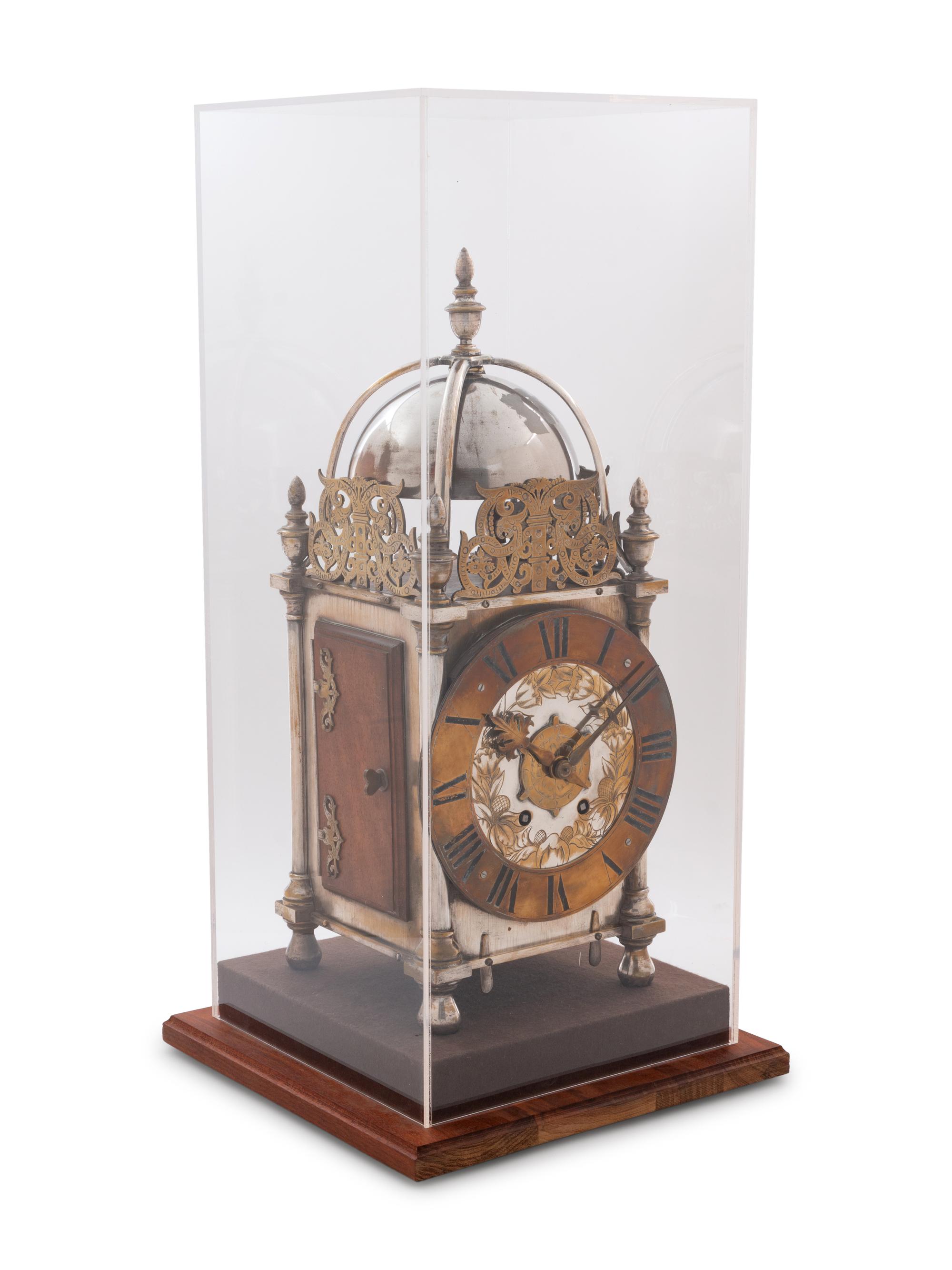 A French Wood and Silver-Plated Brass Lantern Clock