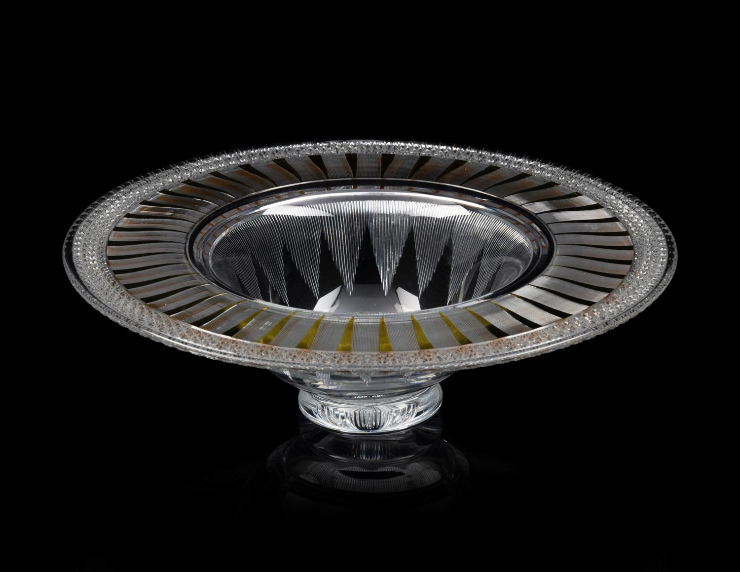 A Yellow Overlay Cut Glass Center Bowl