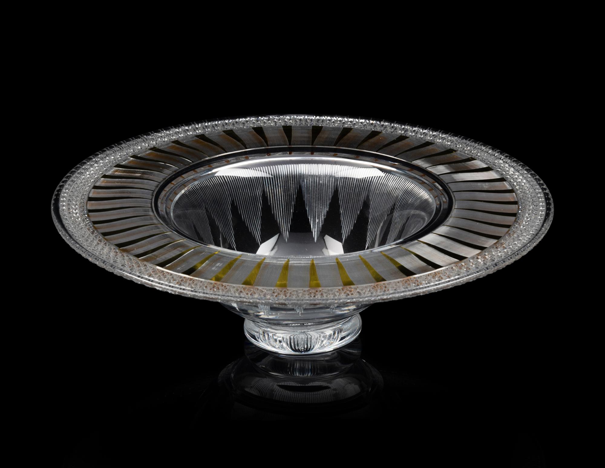 A Yellow Overlay Cut Glass Center Bowl