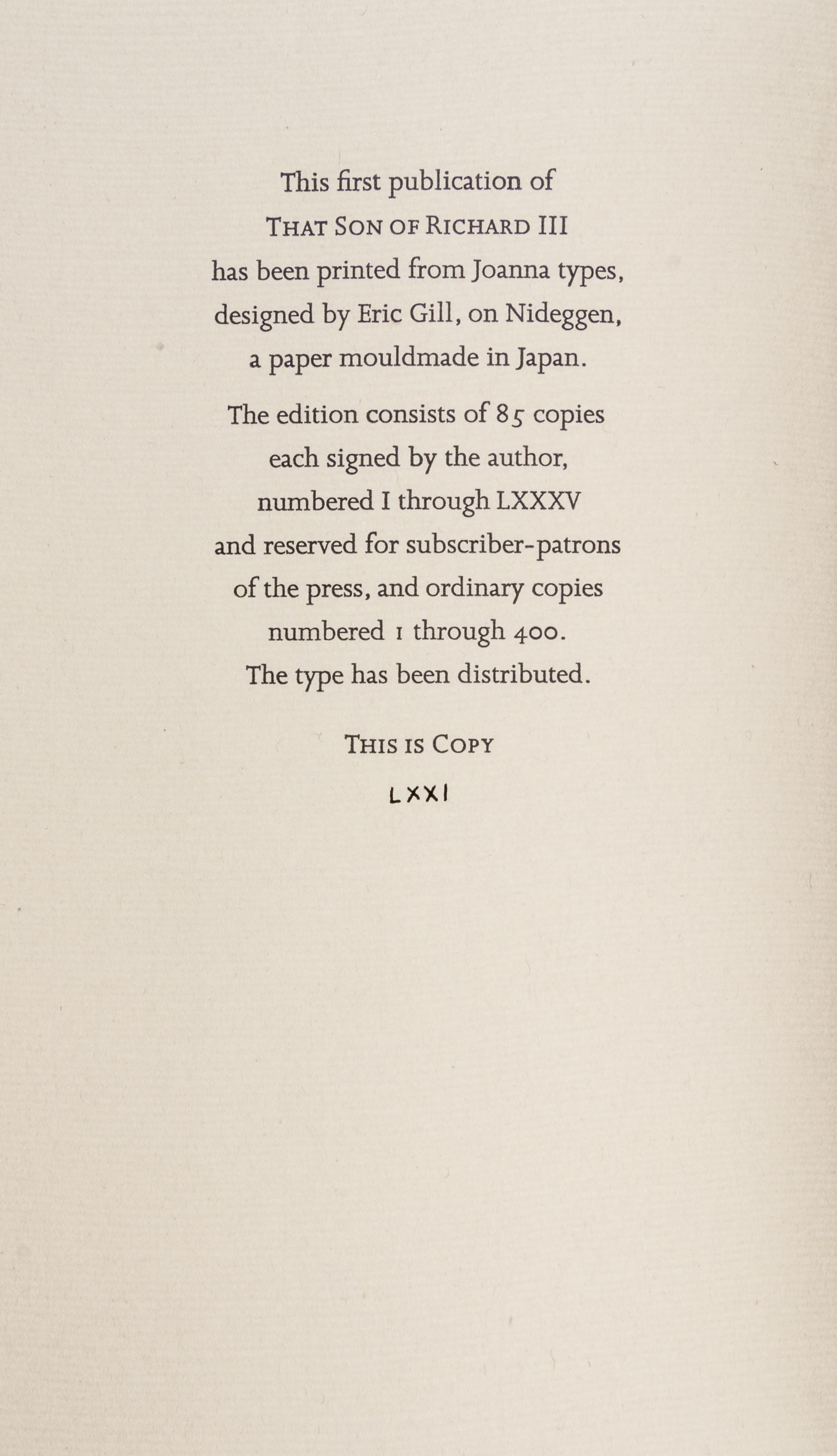 BRADBURY, RAY. That Son of Richard III: A Birth Announcement. Roy A. Squires, 1974. Limited edition, signed.