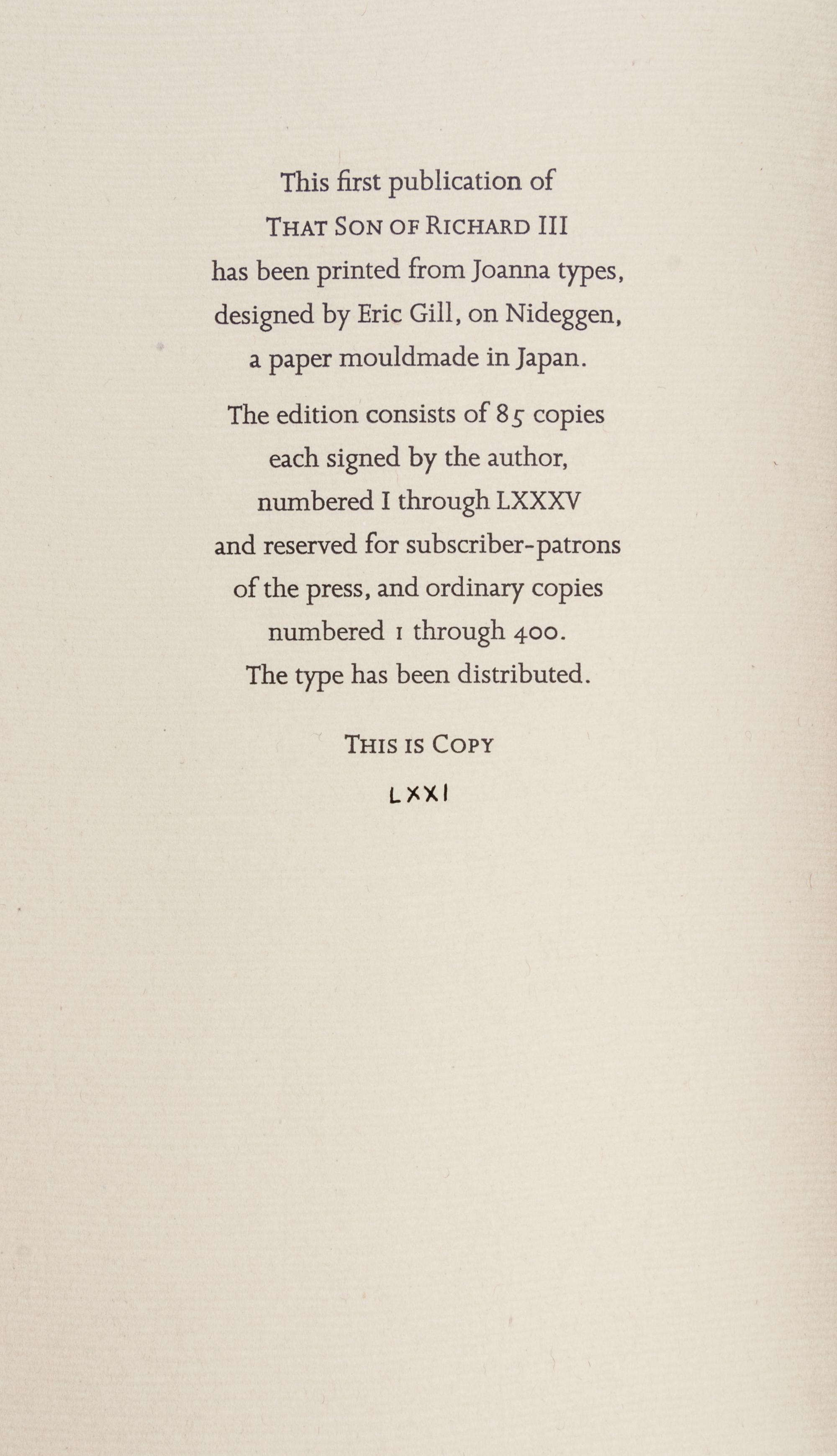 BRADBURY, RAY. That Son of Richard III: A Birth Announcement. Roy A. Squires, 1974. Limited edition, signed.