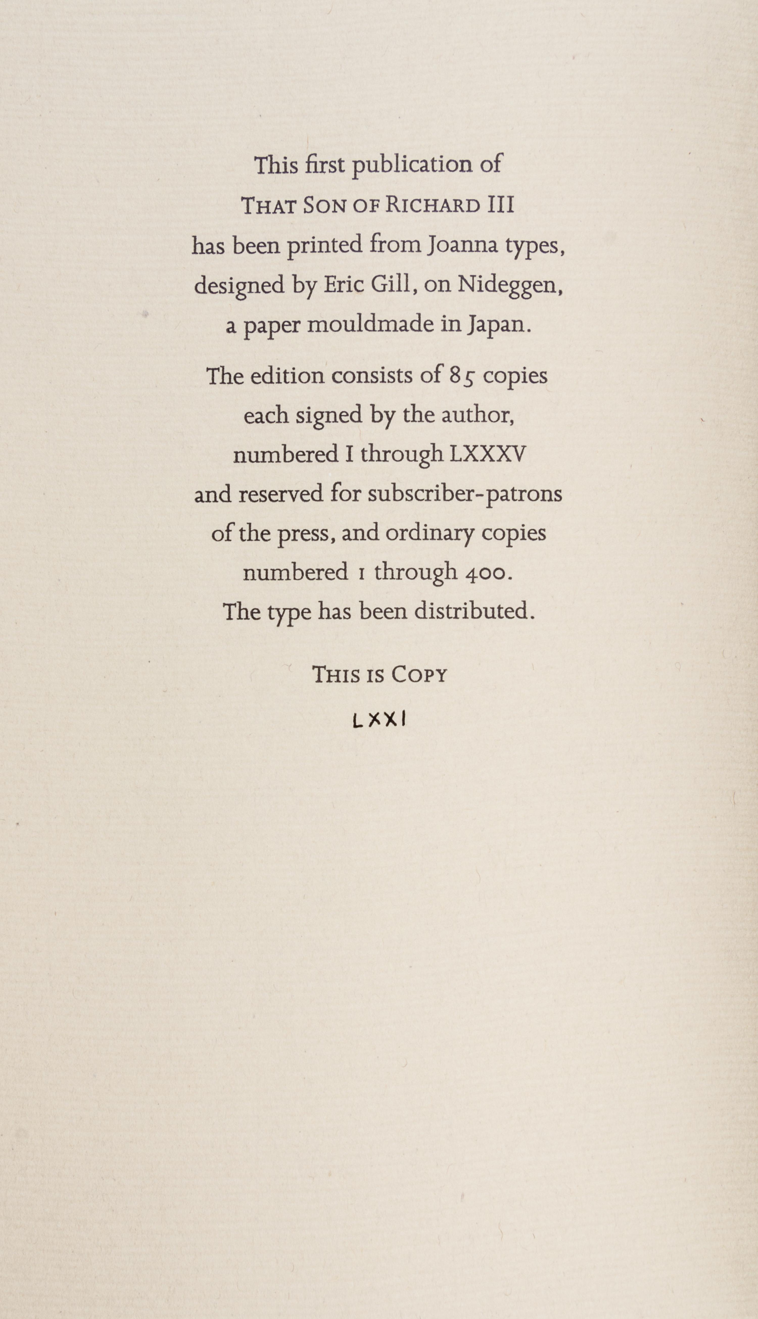 BRADBURY, RAY. That Son of Richard III: A Birth Announcement. Roy A. Squires, 1974. Limited edition, signed.