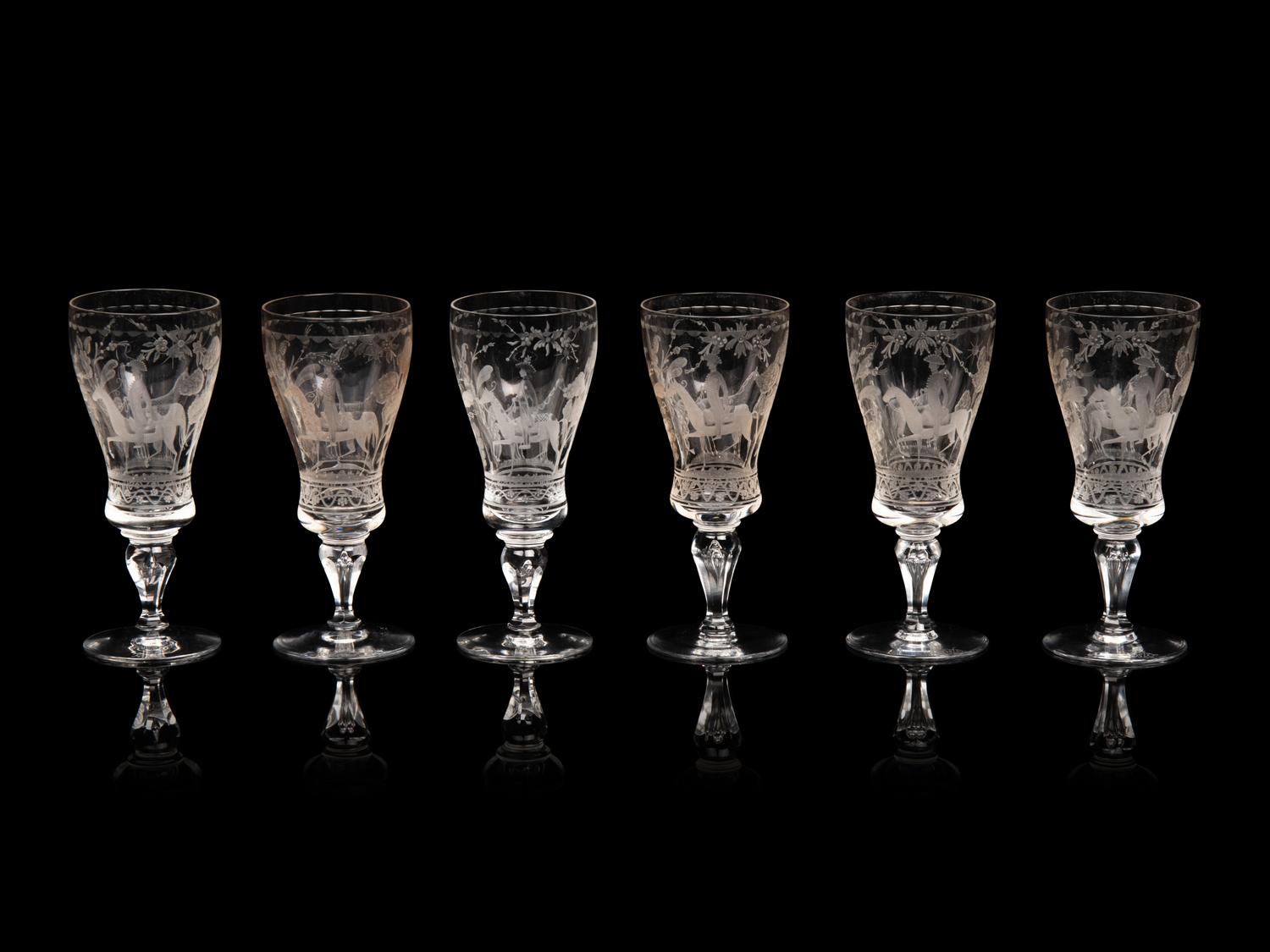 Six Kosta Boda Etched Glass Cordials
