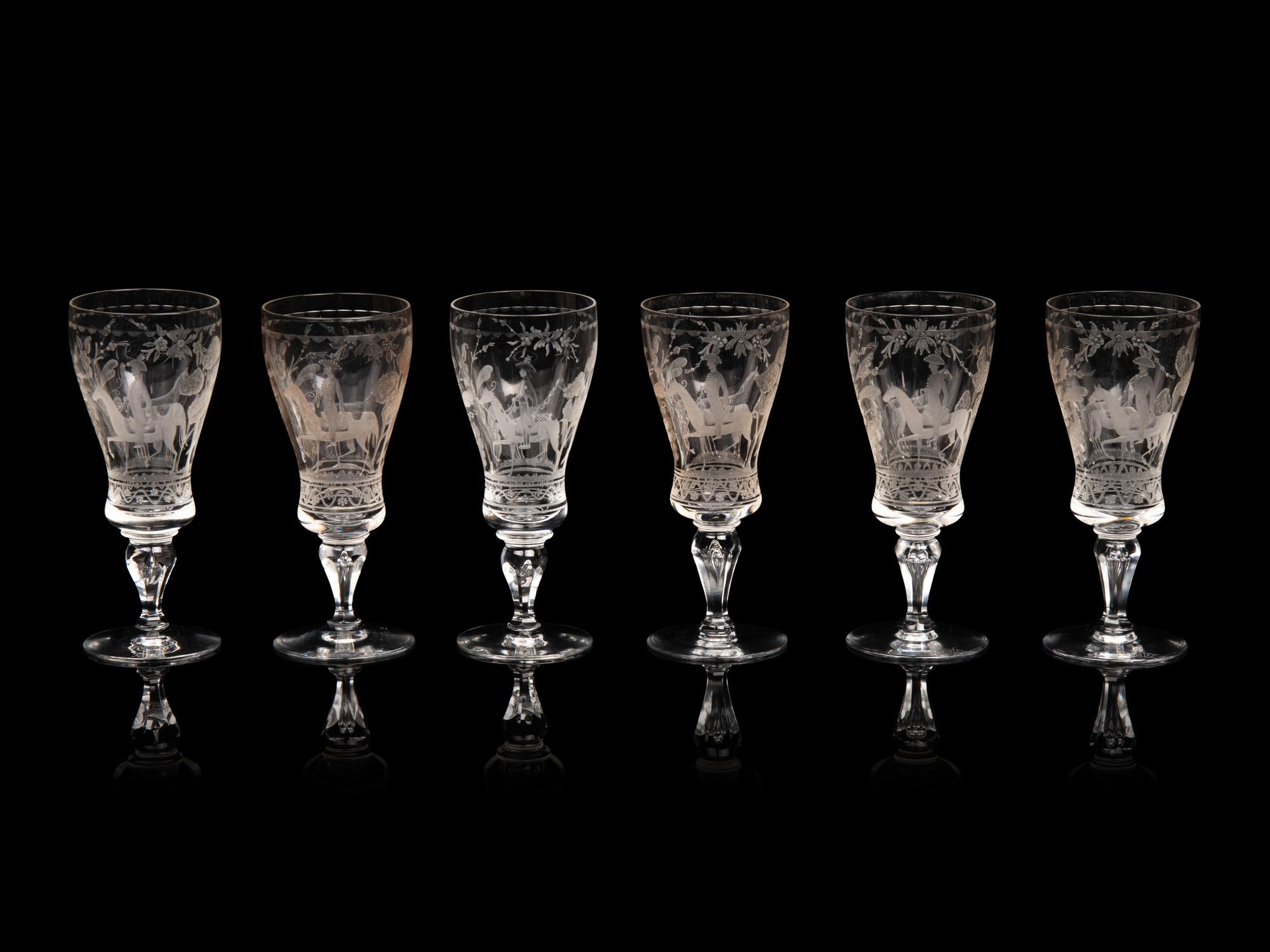 Six Kosta Boda Etched Glass Cordials
