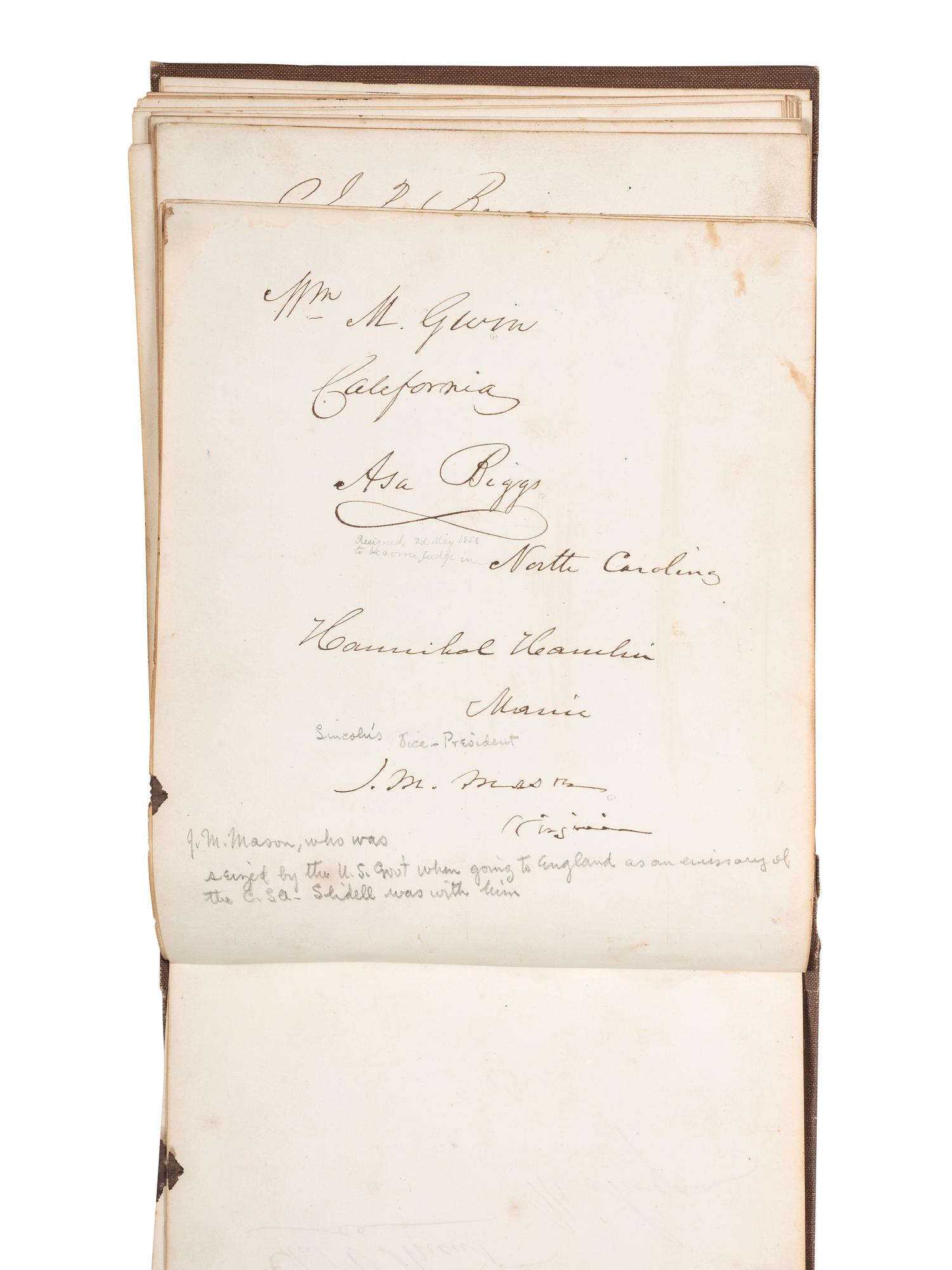 [POLITICS]. Autograph book with signatures from the James Buchanan administration, including: