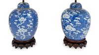 A Pair of Chinese Blue and White Porcelain "Crackle-Ice and Prunus" Jars