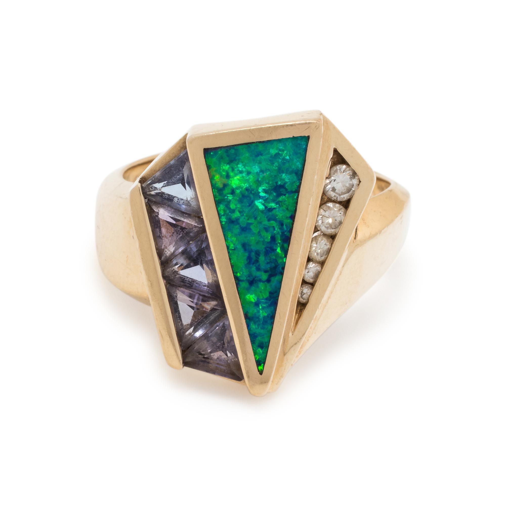 BLACK OPAL, TANZANITE AND DIAMOND RING