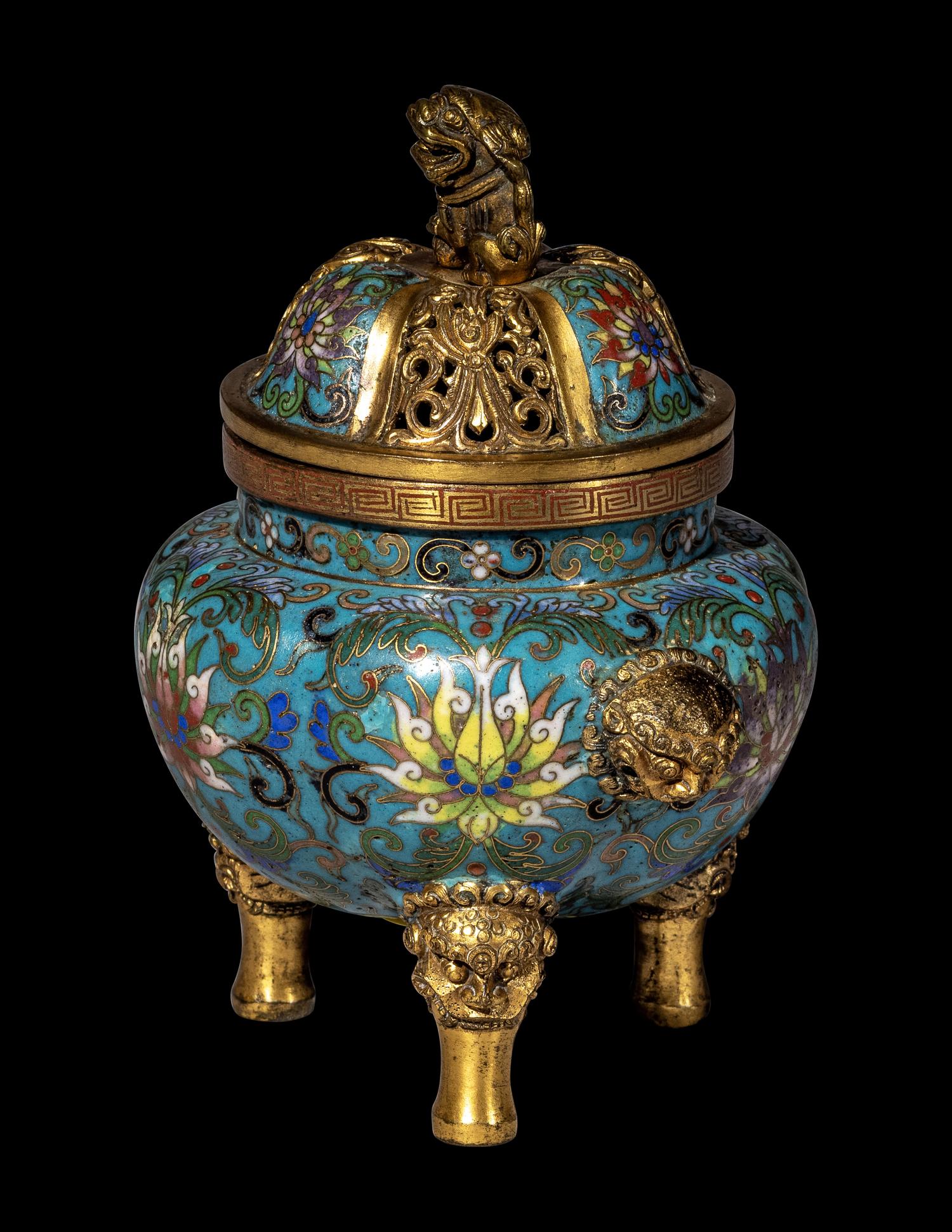 A Chinese Cloisonn é Enamel Covered Censer and A Cloisonn é Enamel Lion-Form Covered Box