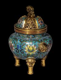 A Chinese Cloisonn é Enamel Covered Censer and A Cloisonn é Enamel Lion-Form Covered Box