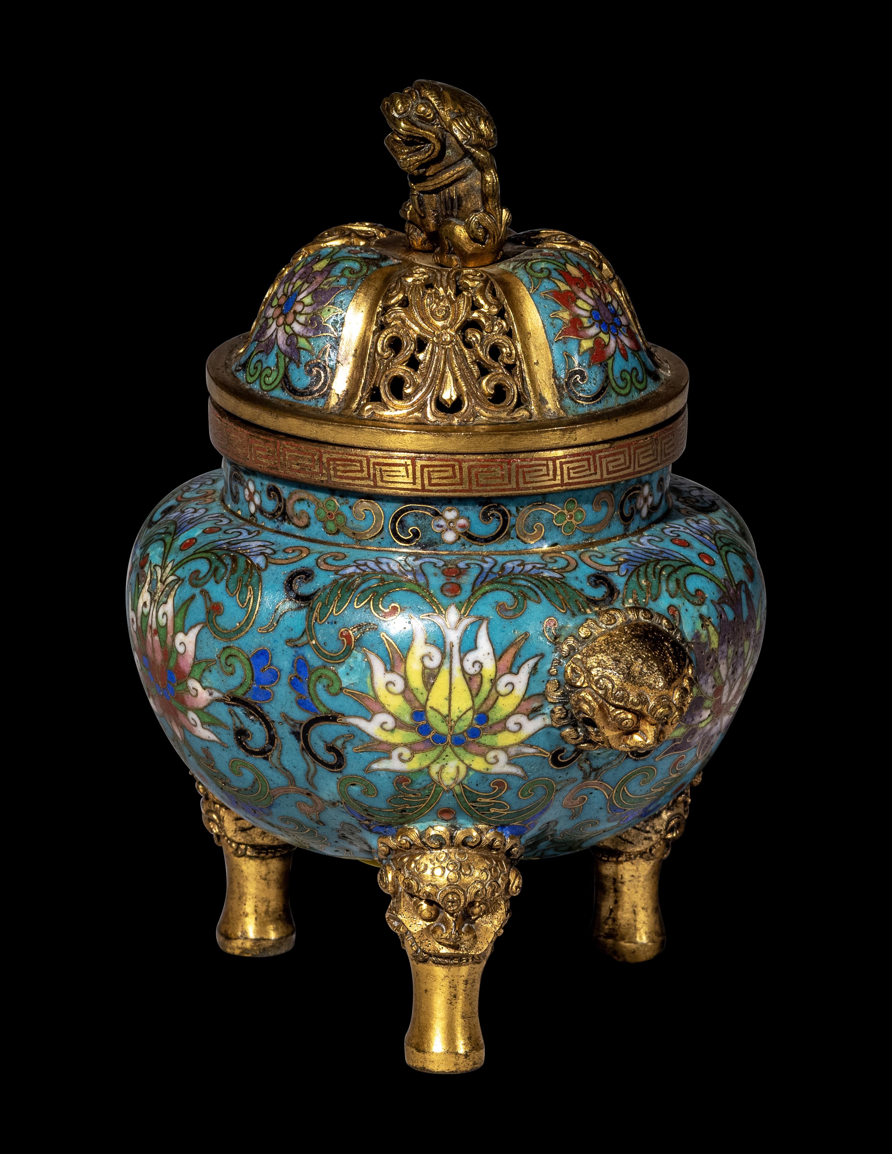 A Chinese Cloisonn é Enamel Covered Censer and A Cloisonn é Enamel Lion-Form Covered Box