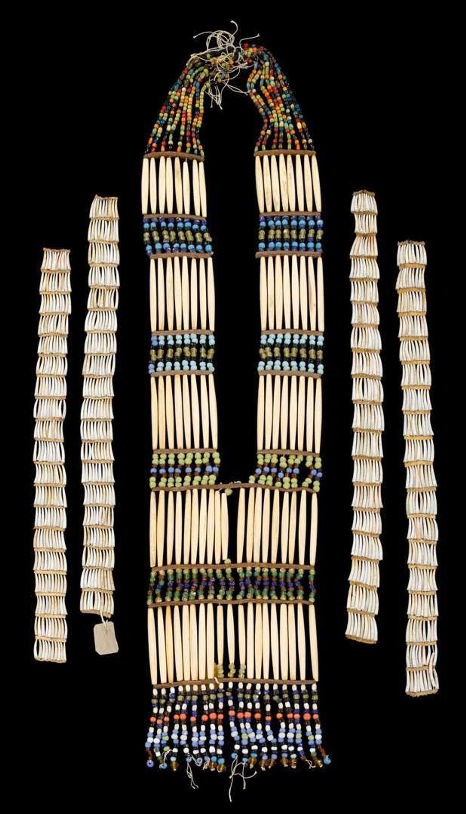 Sioux women's ceremonial hair pipe bone breastplate and dentalium shell ear pendants fort yates, north dakota, mid 20th century
