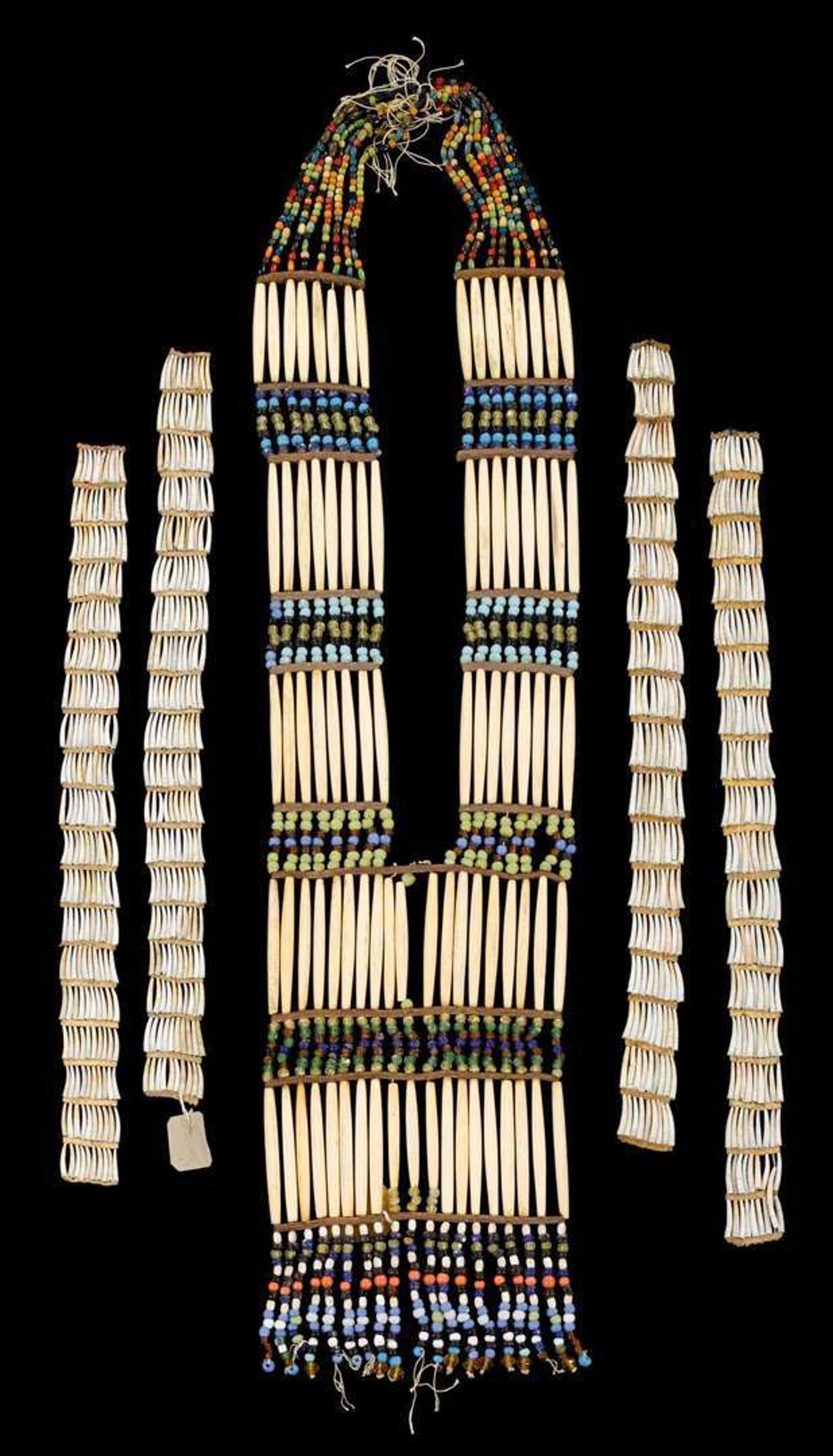 Sioux women's ceremonial hair pipe bone breastplate and dentalium shell ear pendants fort yates, north dakota, mid 20th century