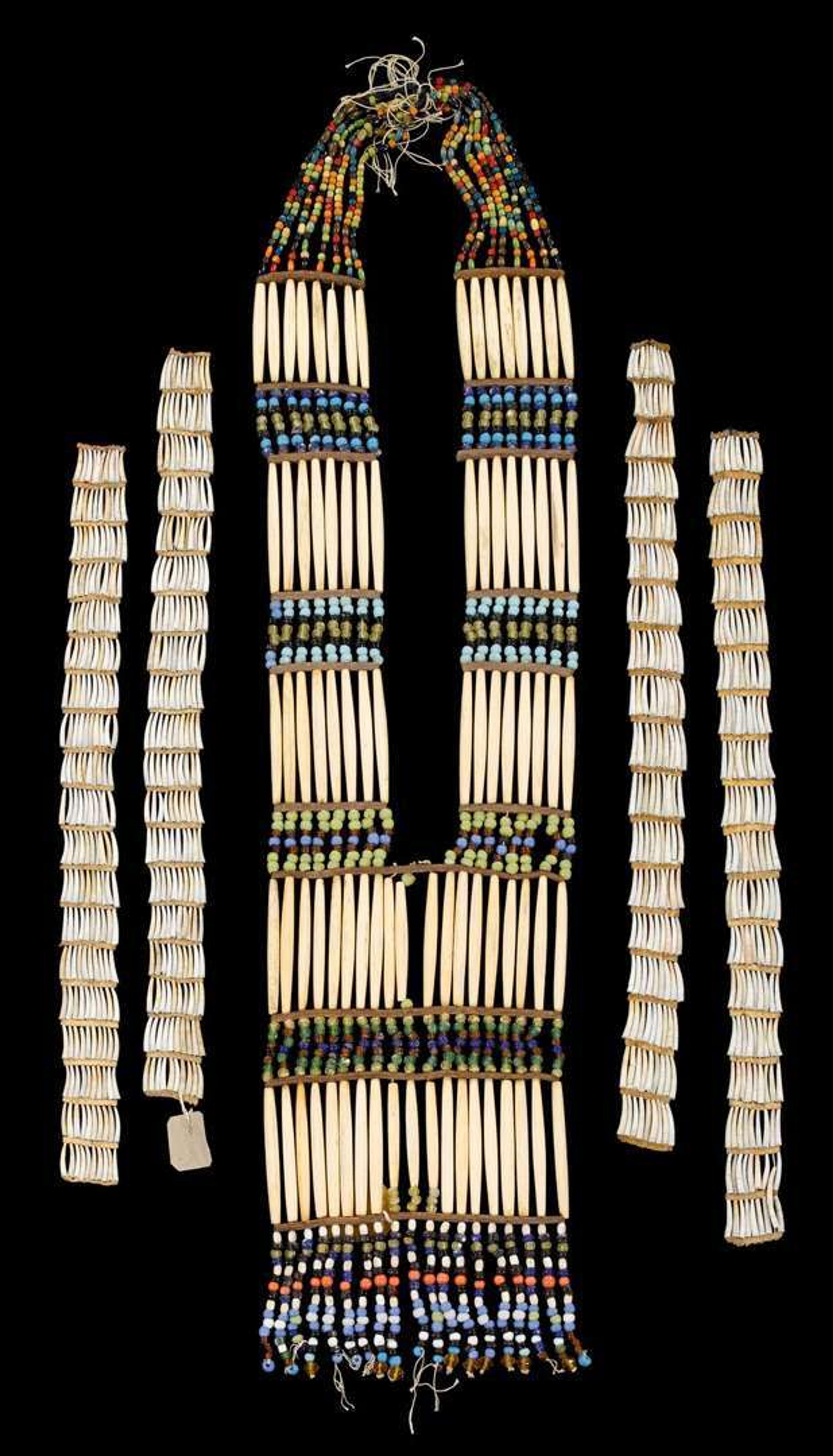 Sioux women's ceremonial hair pipe bone breastplate and dentalium shell ear pendants fort yates, north dakota, mid 20th century
