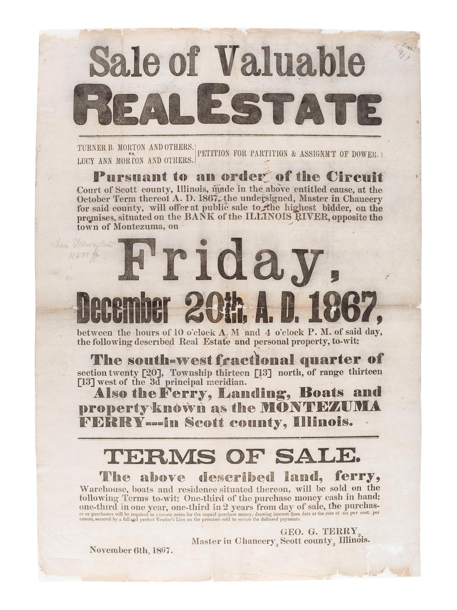 [ILLINOIS]. A group of 3 large nineteenth-century land and estate sale broadsides, comprising: