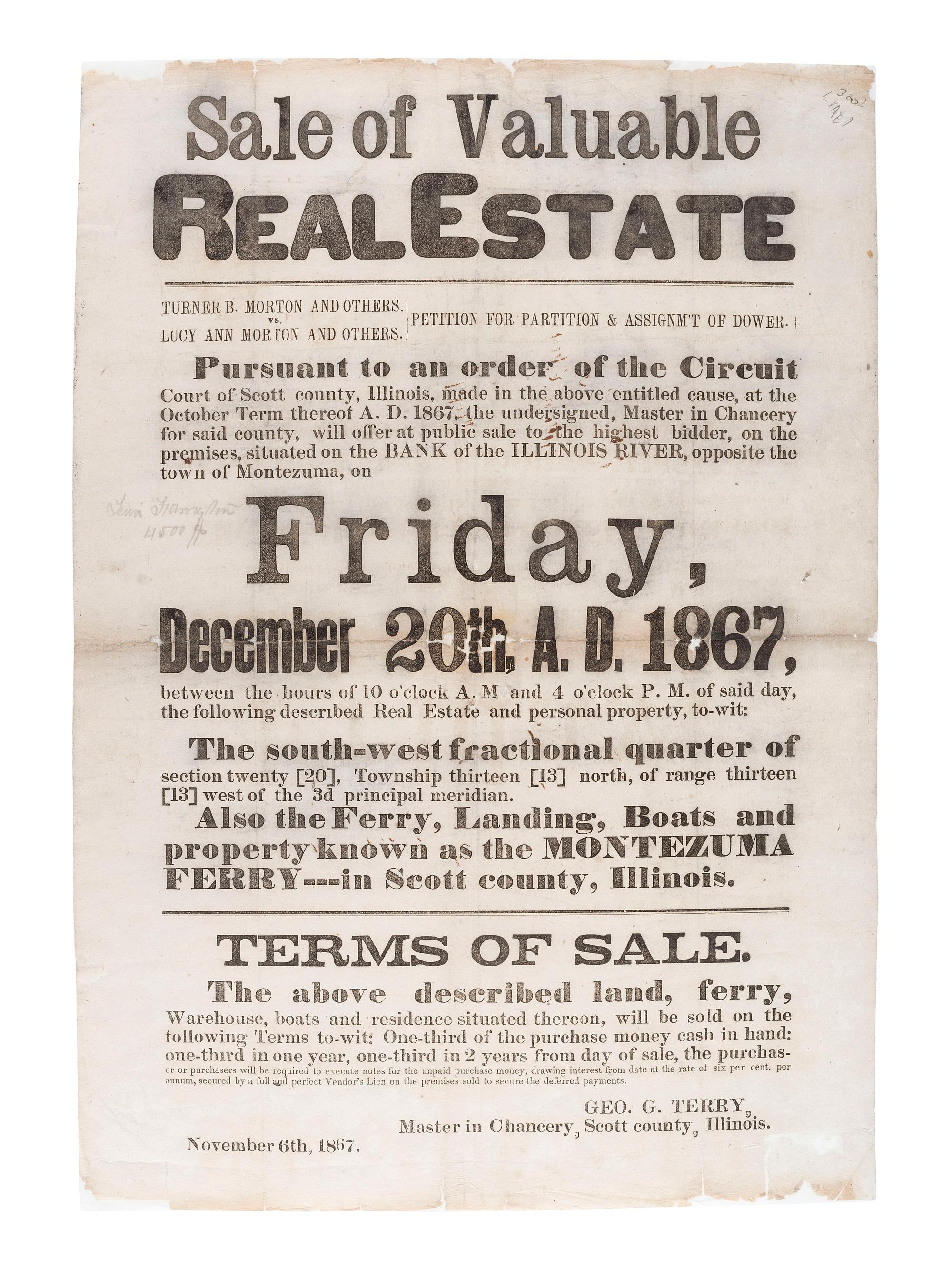 [ILLINOIS]. A group of 3 large nineteenth-century land and estate sale broadsides, comprising: