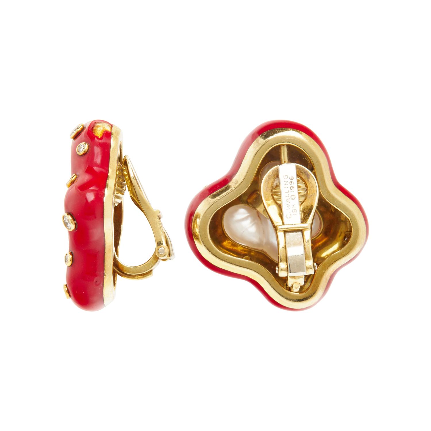 CHRISTOPHER WALLING, CULTURED BIWA PEARL, DIAMOND AND ENAMEL CLIP EARRINGS