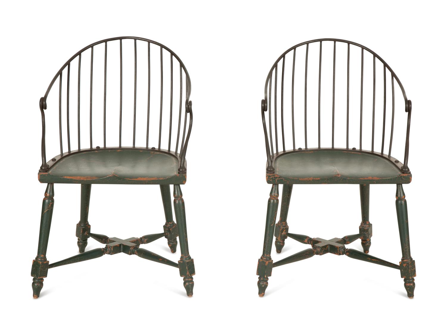 A Pair of Modern Steel and Painted Wood Windsor Style Armchairs — 20th Century