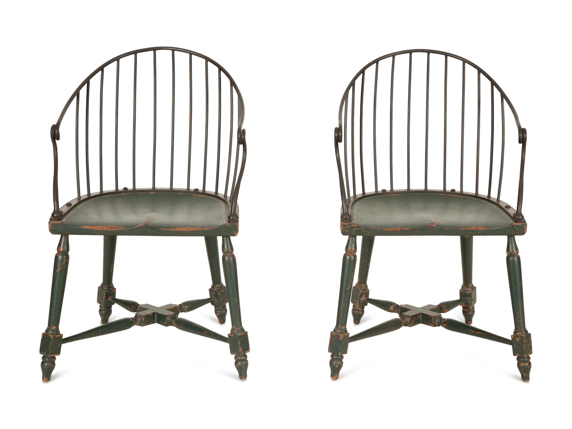 A Pair of Modern Steel and Painted Wood Windsor Style Armchairs — 20th Century