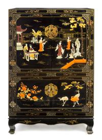 A Chinese Painted and Hardstone Inset Media Cabinet Height 60 x width 40 x depth 20 inches. — LATE 20TH CENTURY