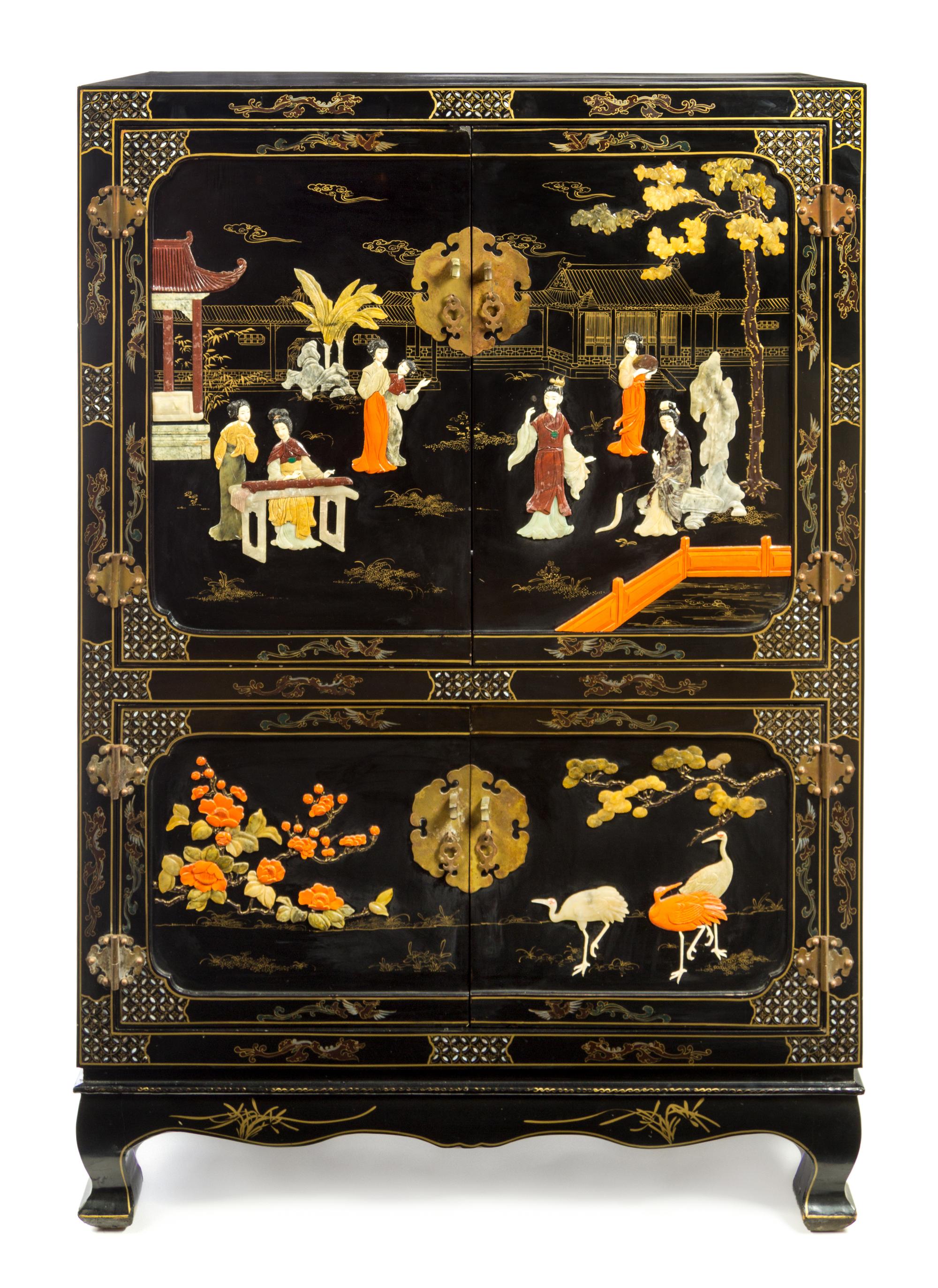 A Chinese Painted and Hardstone Inset Media Cabinet Height 60 x width 40 x depth 20 inches. — LATE 20TH CENTURY