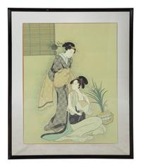 A Modern Japanese Painting on Silk Floating in a Glass Frame