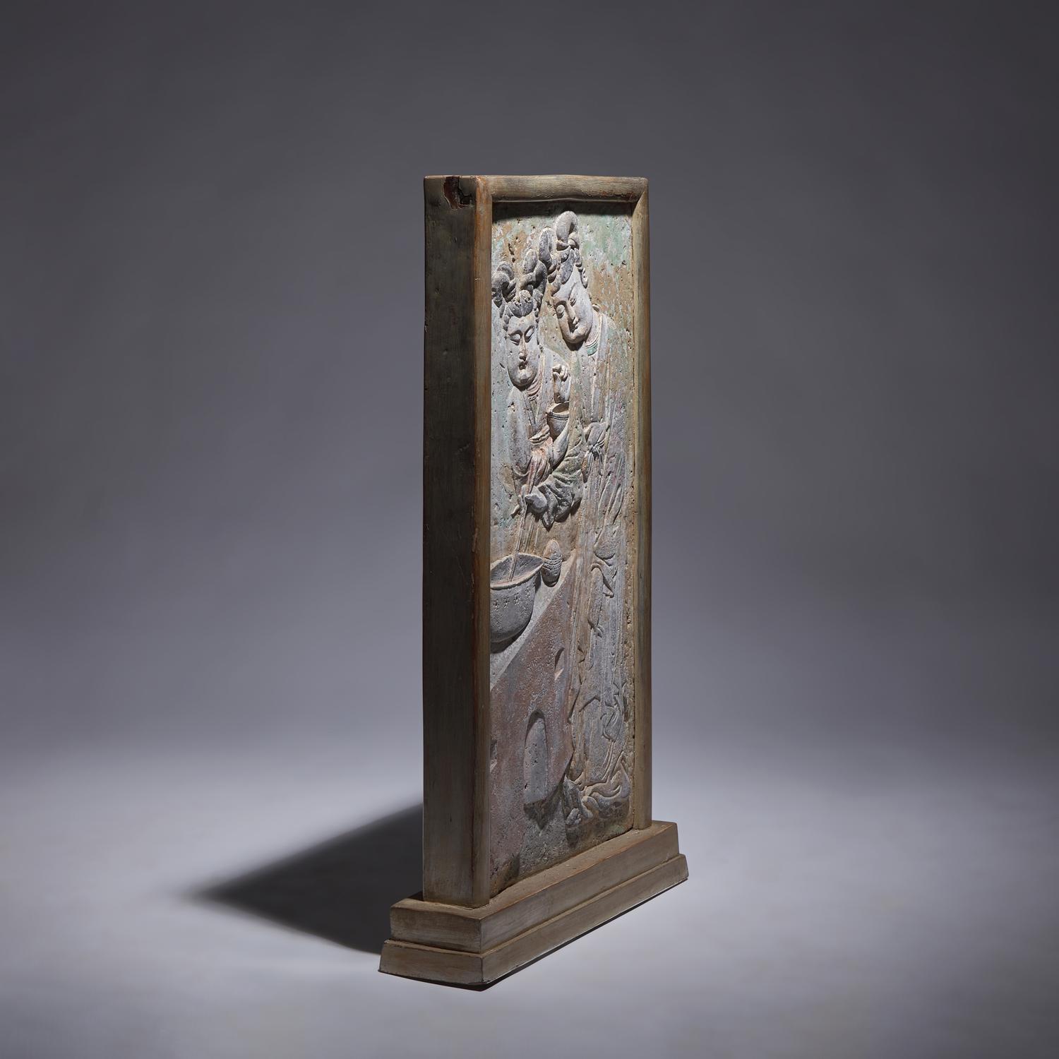 A Rare Chinese Carved and Painted 'Court Ladies' Relief Brick Panel, Late Tang Dynasty-Five Dynasties and Ten Kingdoms 晚唐-五代 彩繪磚雕侍女圖