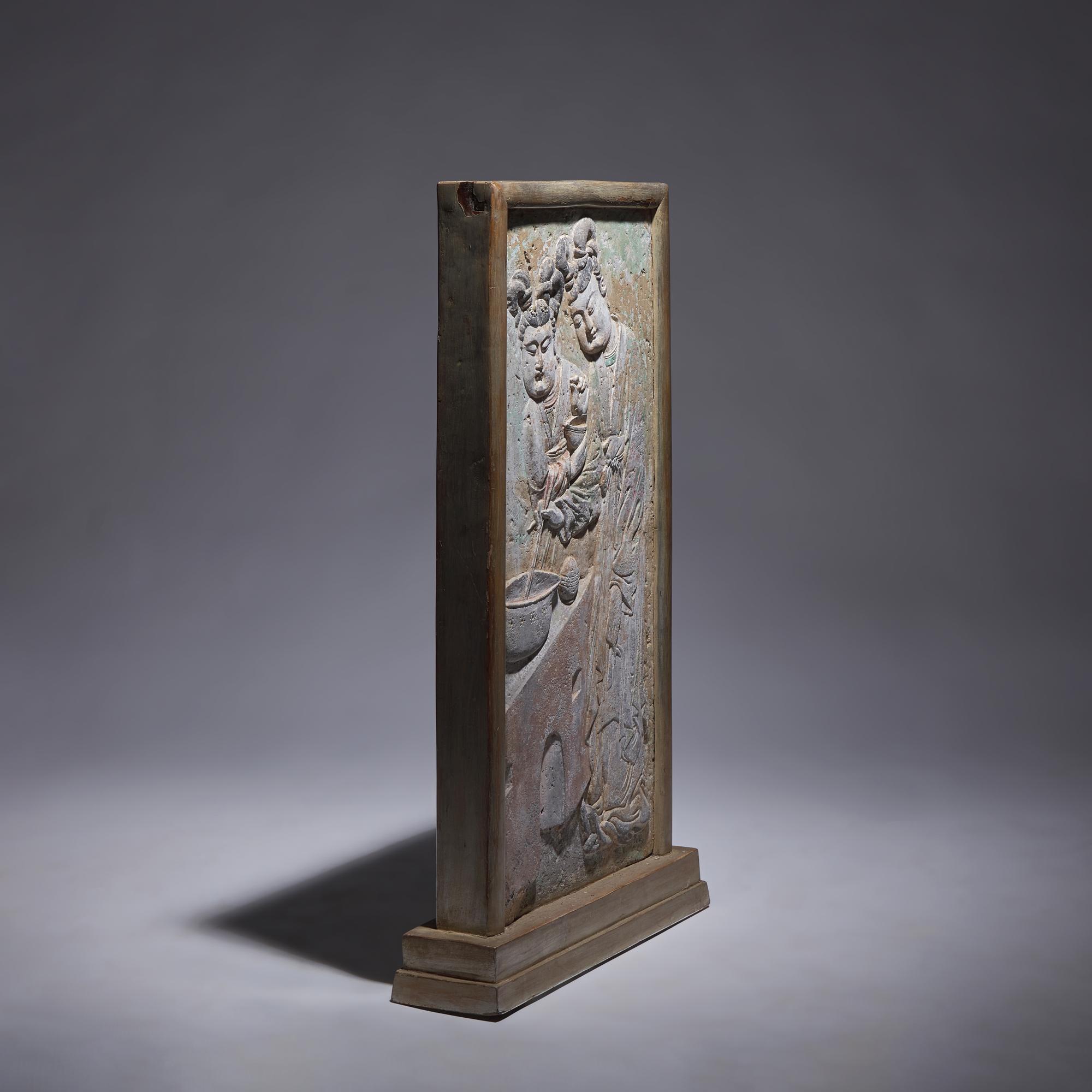 A Rare Chinese Carved and Painted 'Court Ladies' Relief Brick Panel, Late Tang Dynasty-Five Dynasties and Ten Kingdoms 晚唐-五代 彩繪磚雕侍女圖