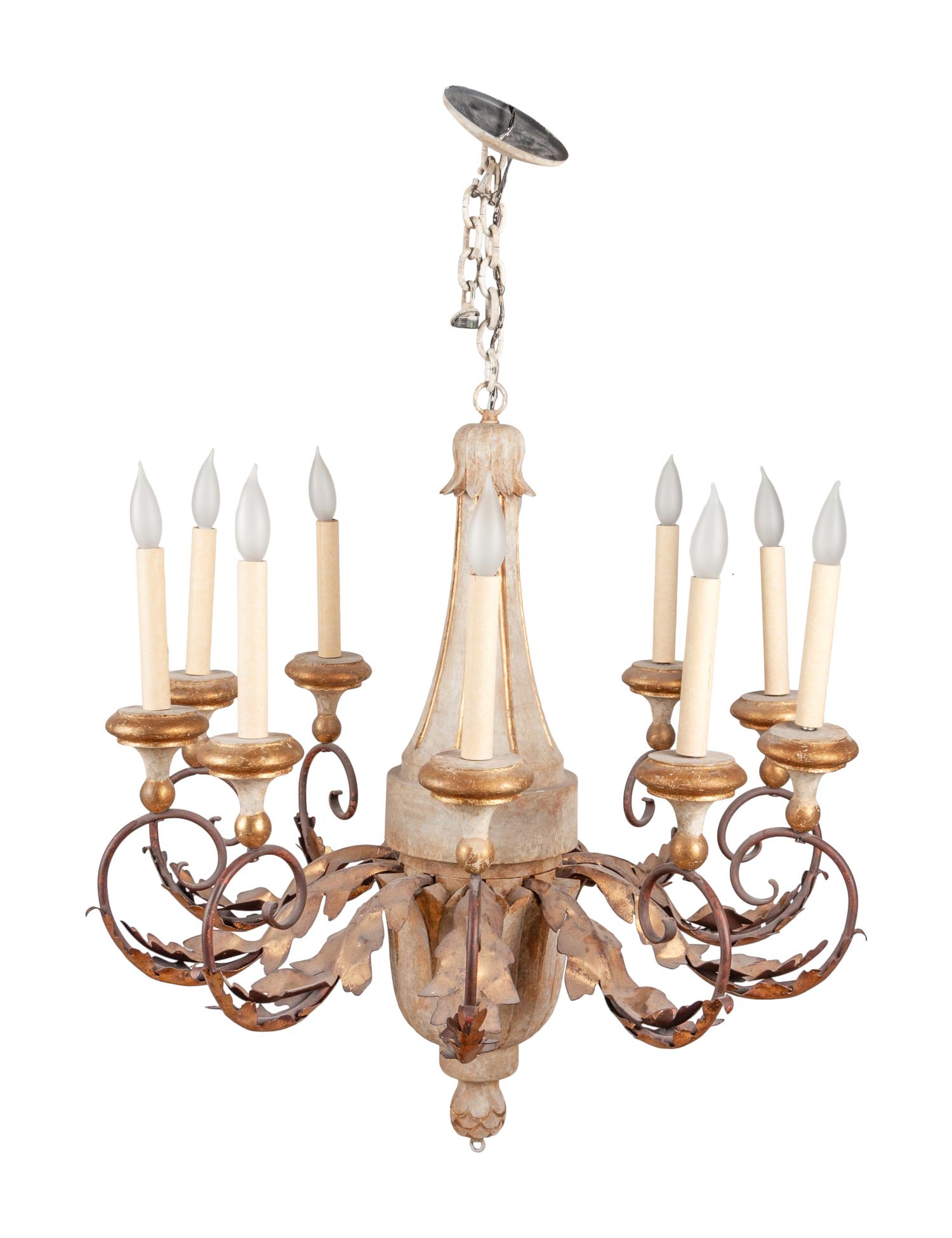 An Italian Painted Wood and Gilt Tole Ten-Light Chandelier