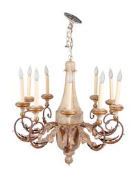 An Italian Painted Wood and Gilt Tole Ten-Light Chandelier