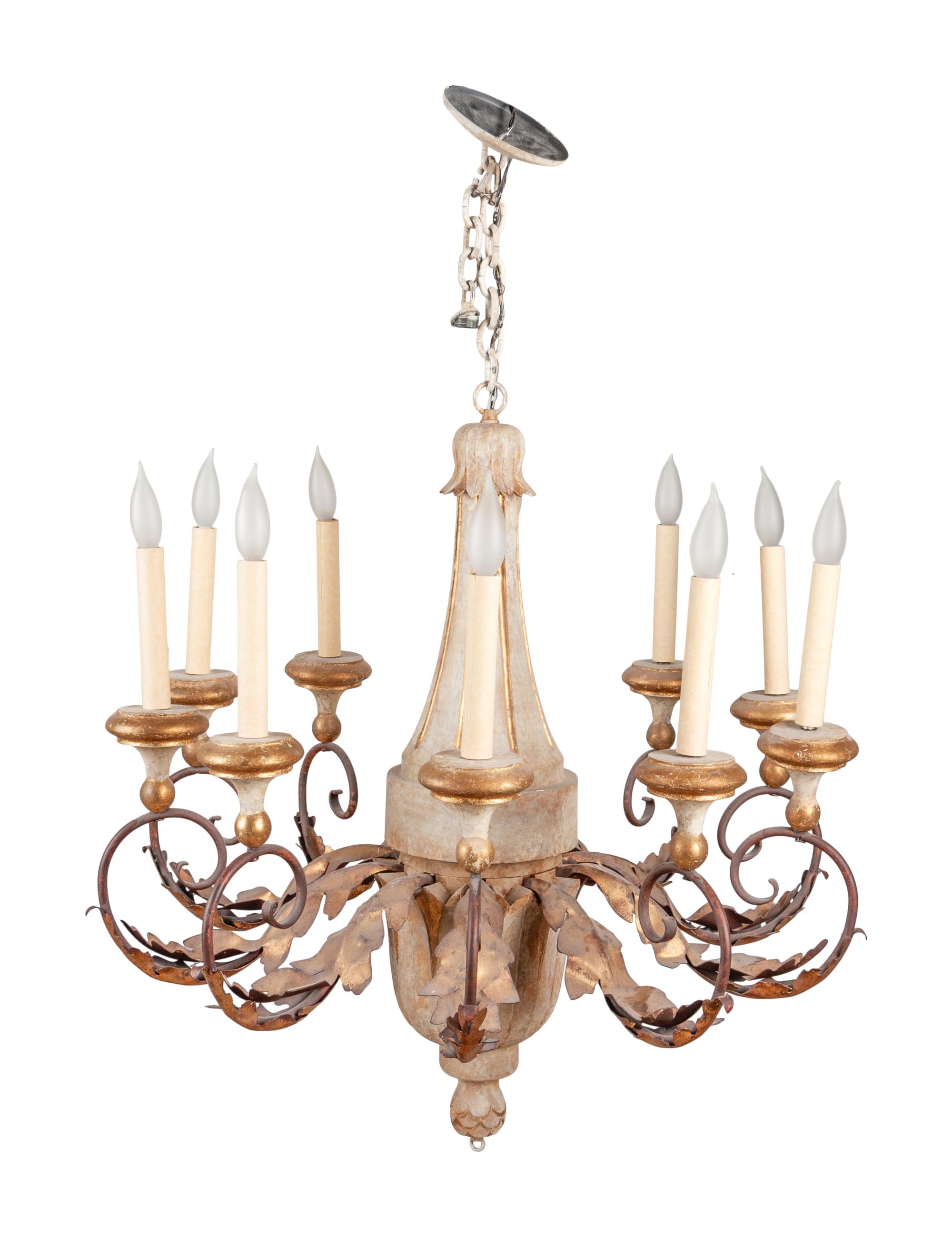 An Italian Painted Wood and Gilt Tole Ten-Light Chandelier