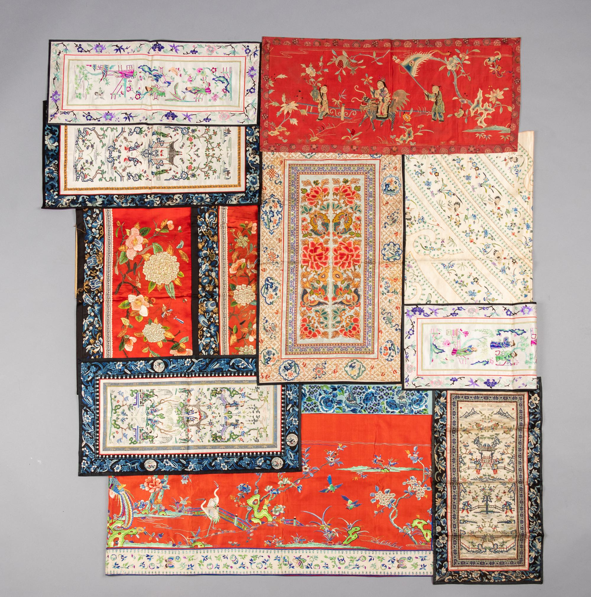 Eleven Embroidered Silk Panels