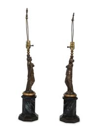 A Pair of Cast Metal and Faux Marble Figures on Plinths Mounted as Lamps — 20TH CENTURY