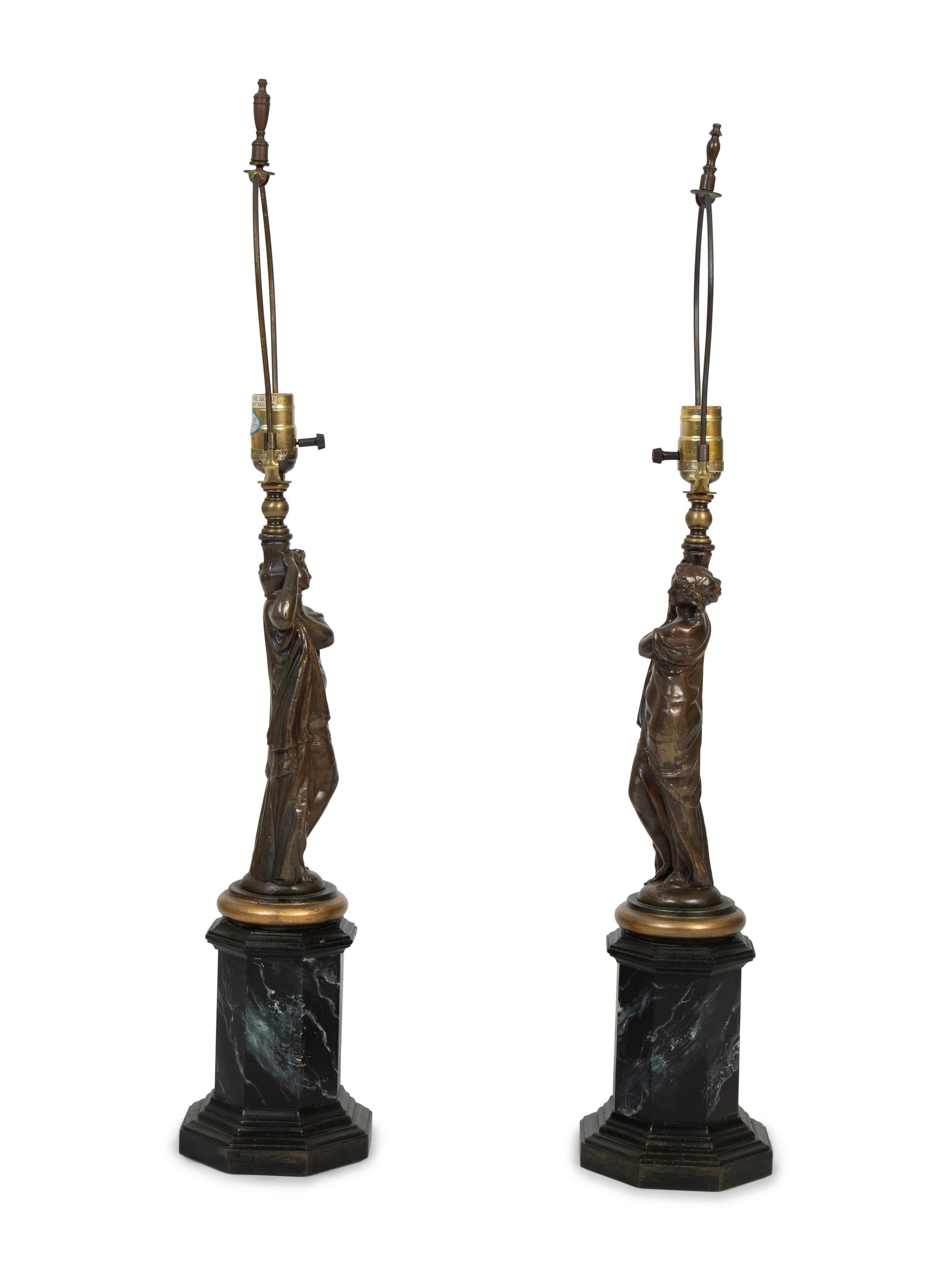 A Pair of Cast Metal and Faux Marble Figures on Plinths Mounted as Lamps — 20TH CENTURY