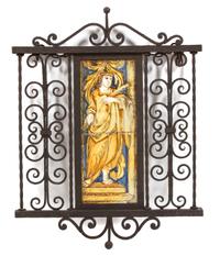 Two Italian Painted Ceramic Tiles in an Ironwork Frame Height 28 x width 22 3/4 inches. — 18TH CENTURY