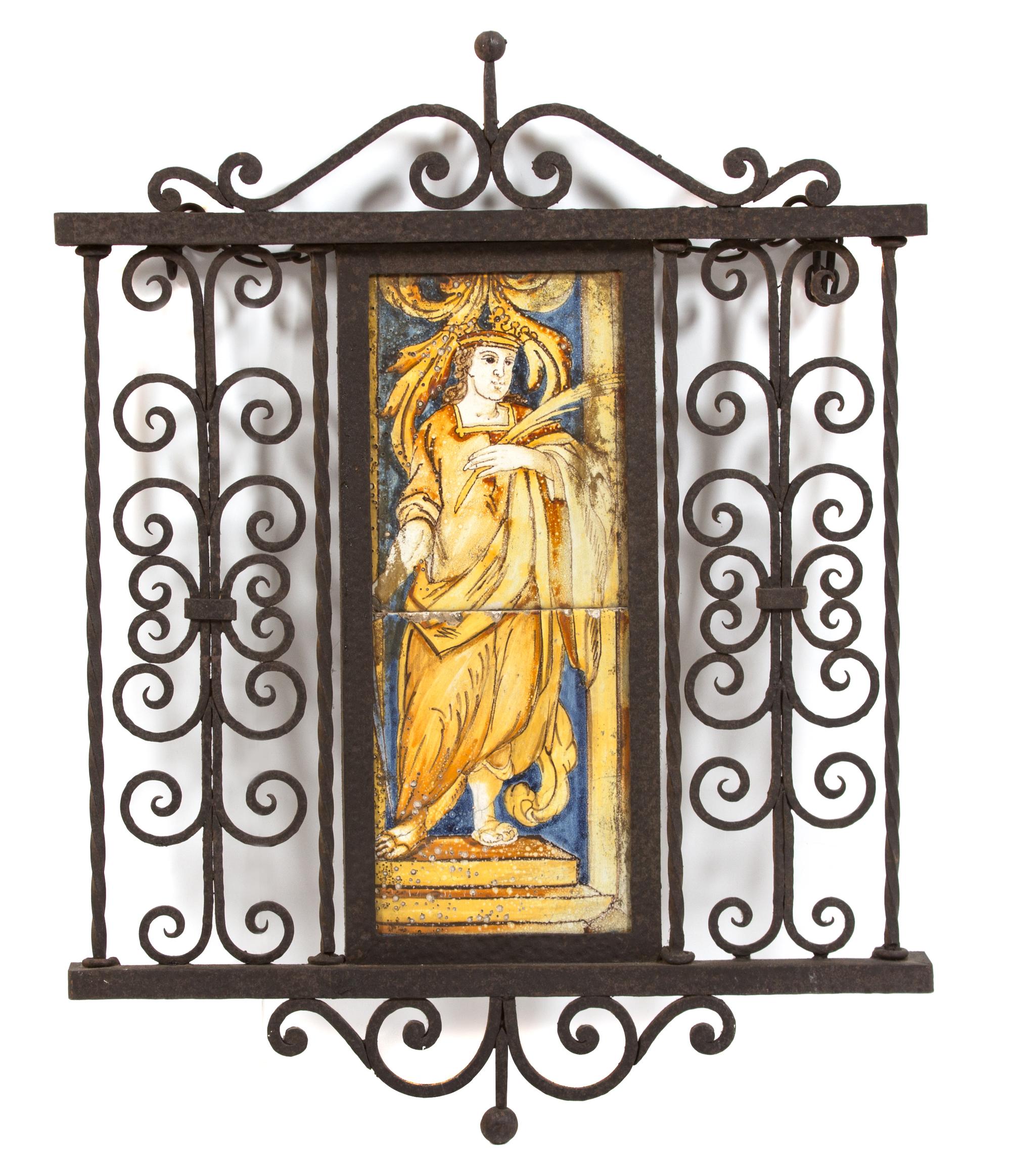 Two Italian Painted Ceramic Tiles in an Ironwork Frame Height 28 x width 22 3/4 inches. — 18TH CENTURY
