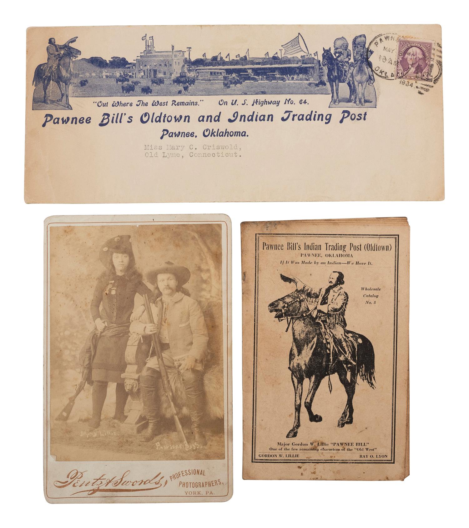 [WILD WEST SHOWS] -- [LILLIE, Gordon W. "Pawnee Bill" (1860-1942)]. A group of 7 items, incl. LS, TLS, signed checks, and memorabilia from Pawnee Bill's Old Town and Indian Trading Post.