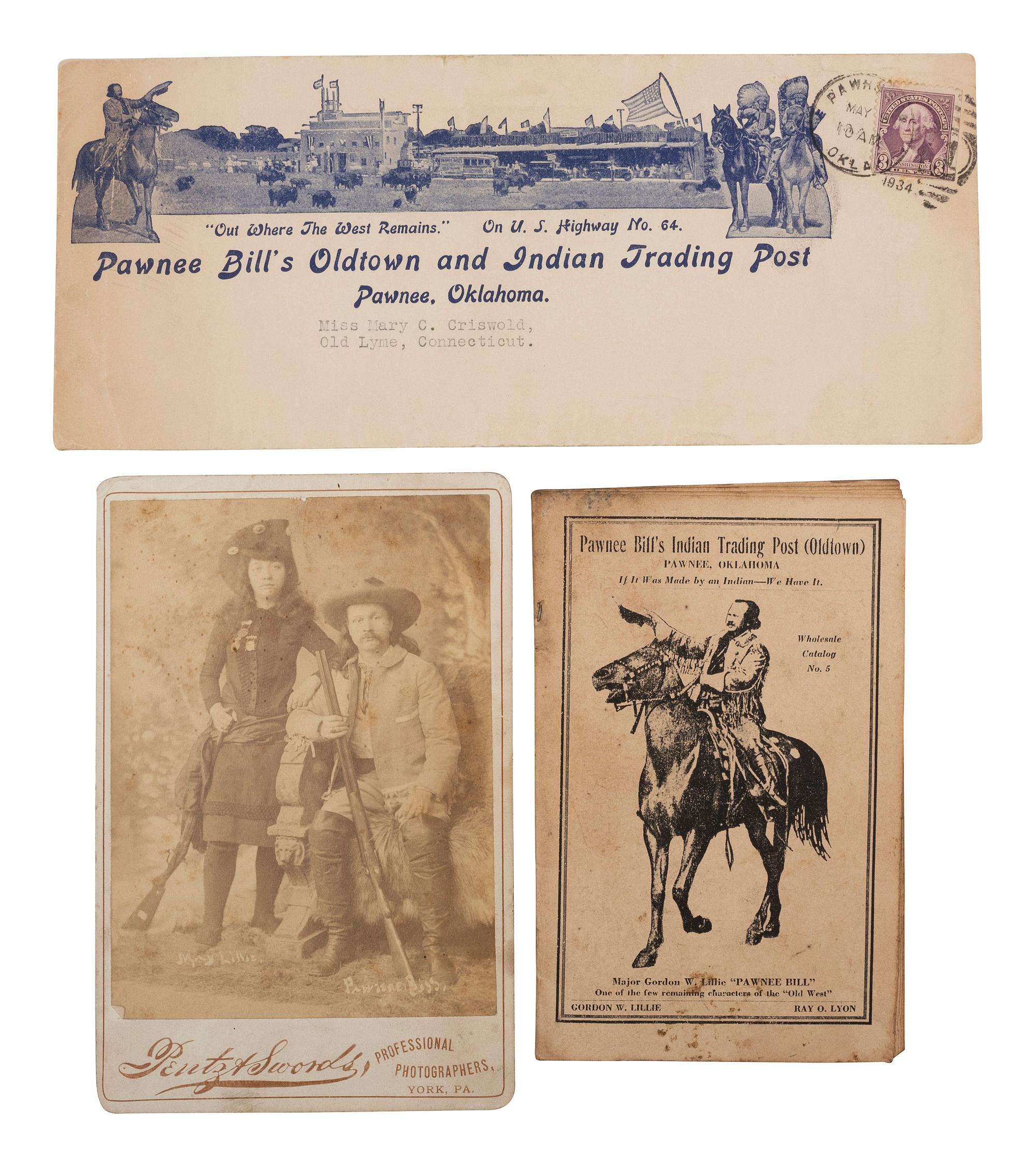 [WILD WEST SHOWS] -- [LILLIE, Gordon W. "Pawnee Bill" (1860-1942)]. A group of 7 items, incl. LS, TLS, signed checks, and memorabilia from Pawnee Bill's Old Town and Indian Trading Post.