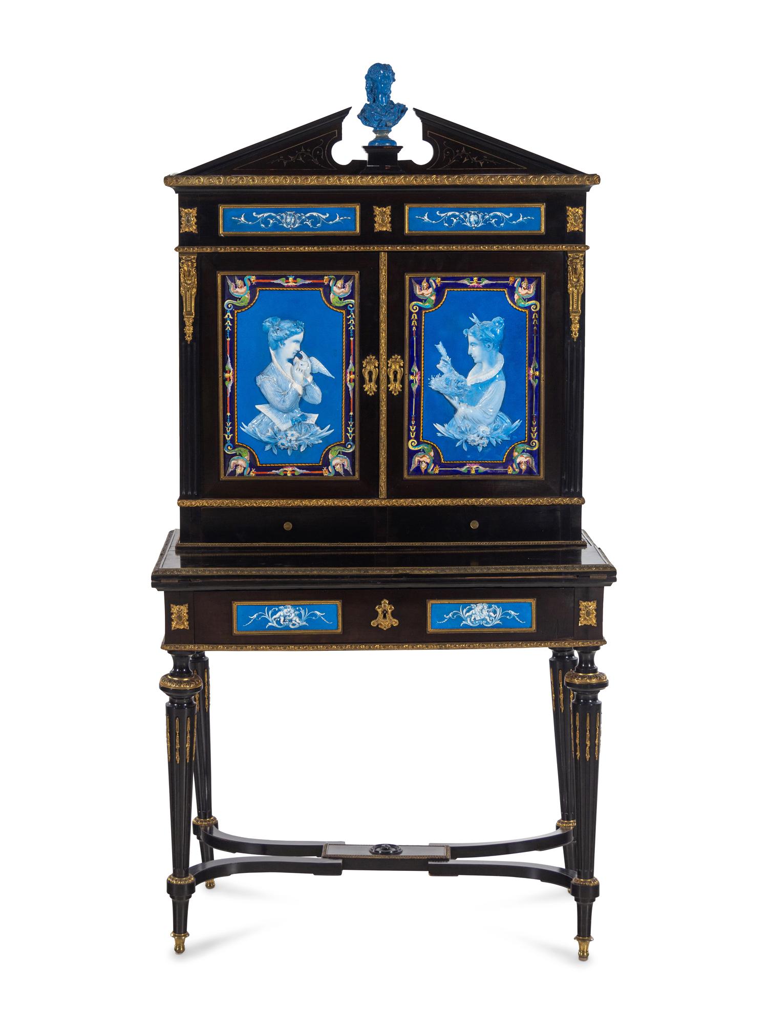 A Napoleon III Ebonized and Glazed Pottery Plaque-Mounted Secrétaire
